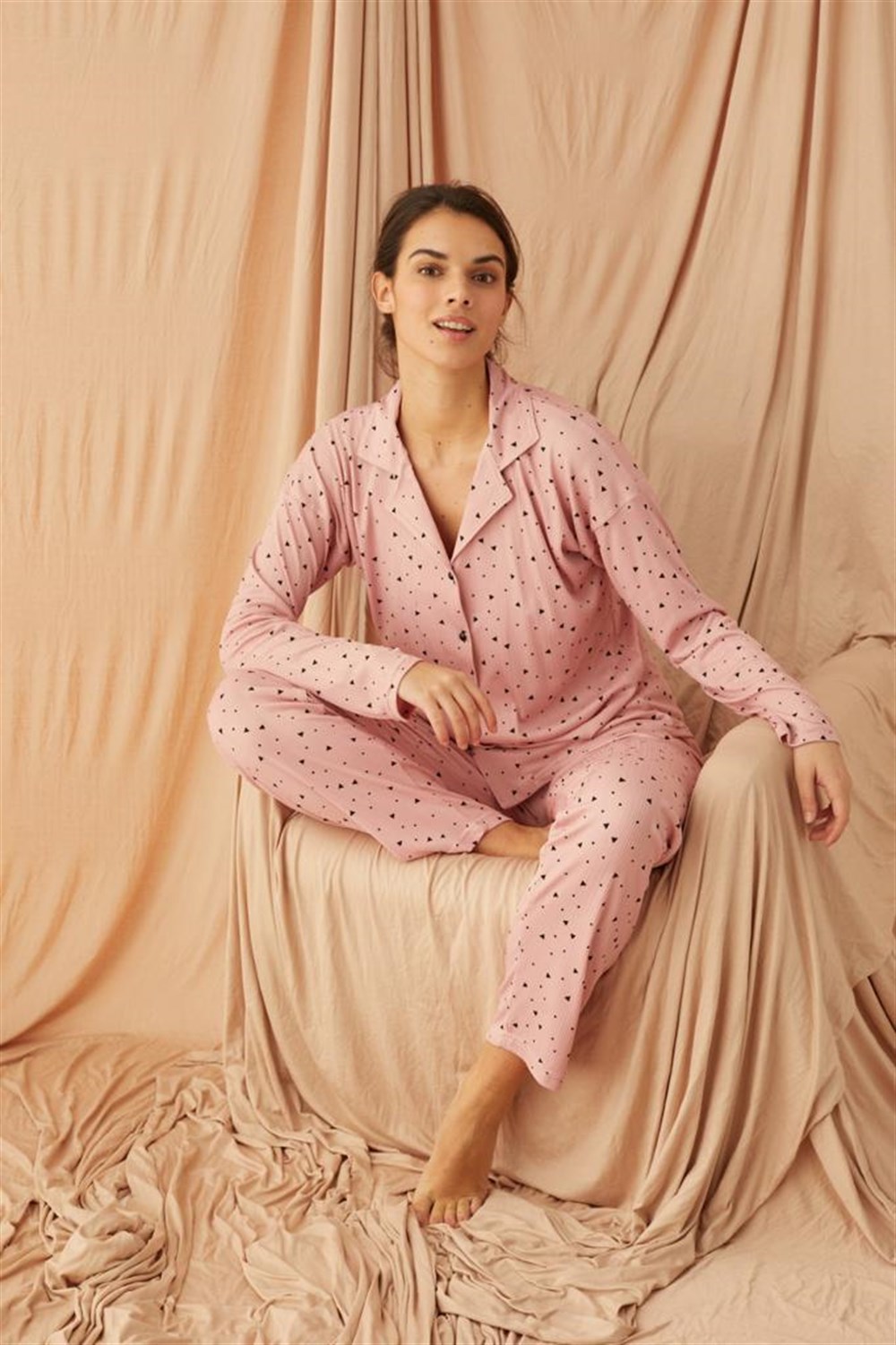 Kadın Düğmeli Pijama Takımı  Pudra55271