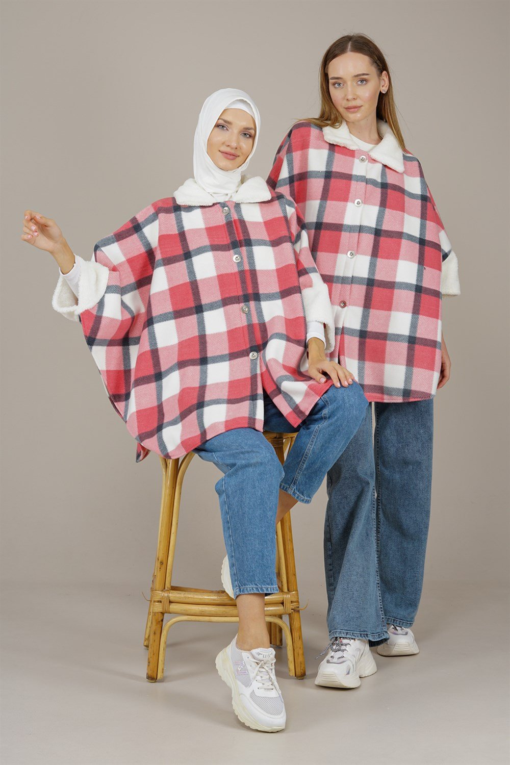 Kadın Ekose Desenli Panço  PembePE180820