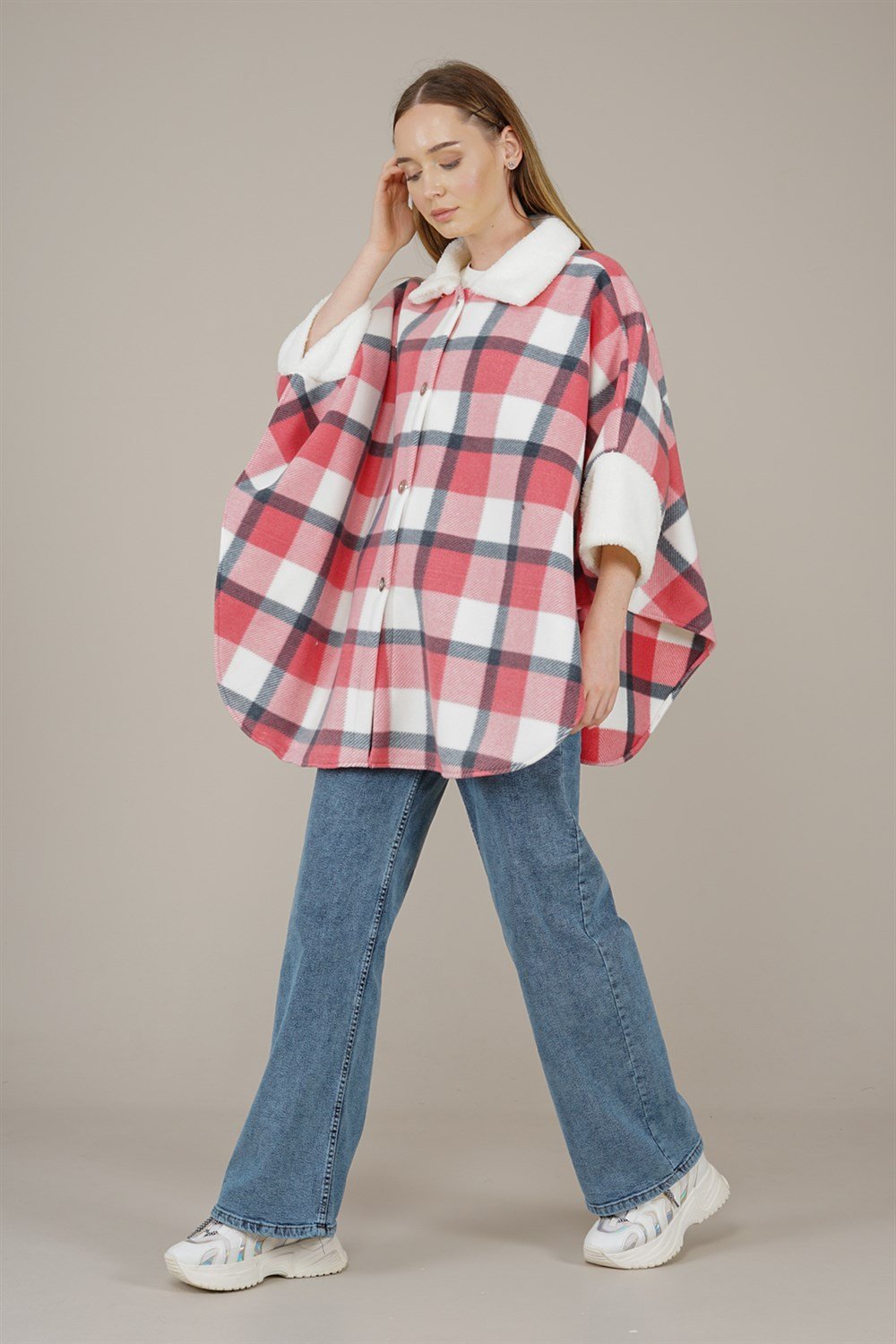 Kadın Ekose Desenli Panço  PembePE180820