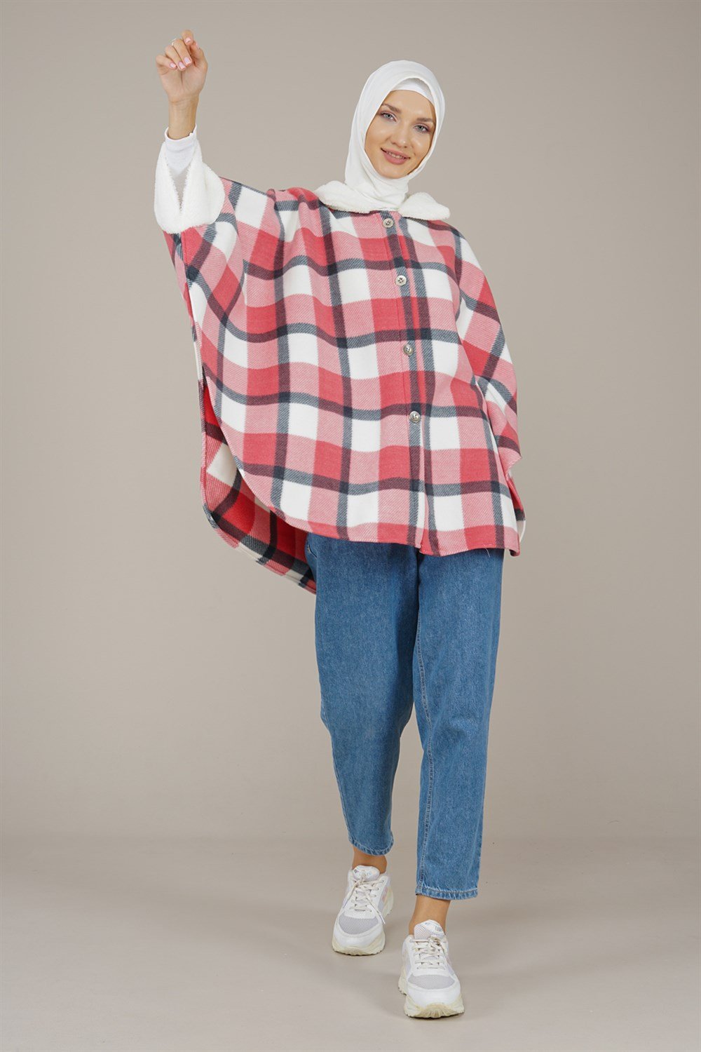 Kadın Ekose Desenli Panço  PembePE180820