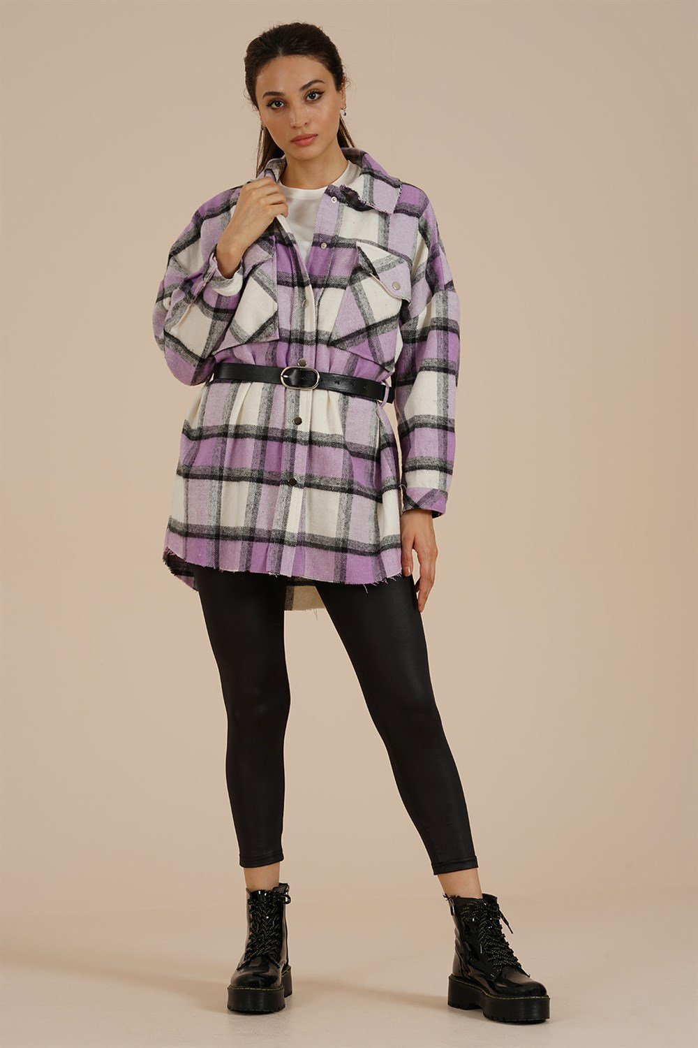 Kadın Ekose Kemerli Oversize Gömlek  Lila4574