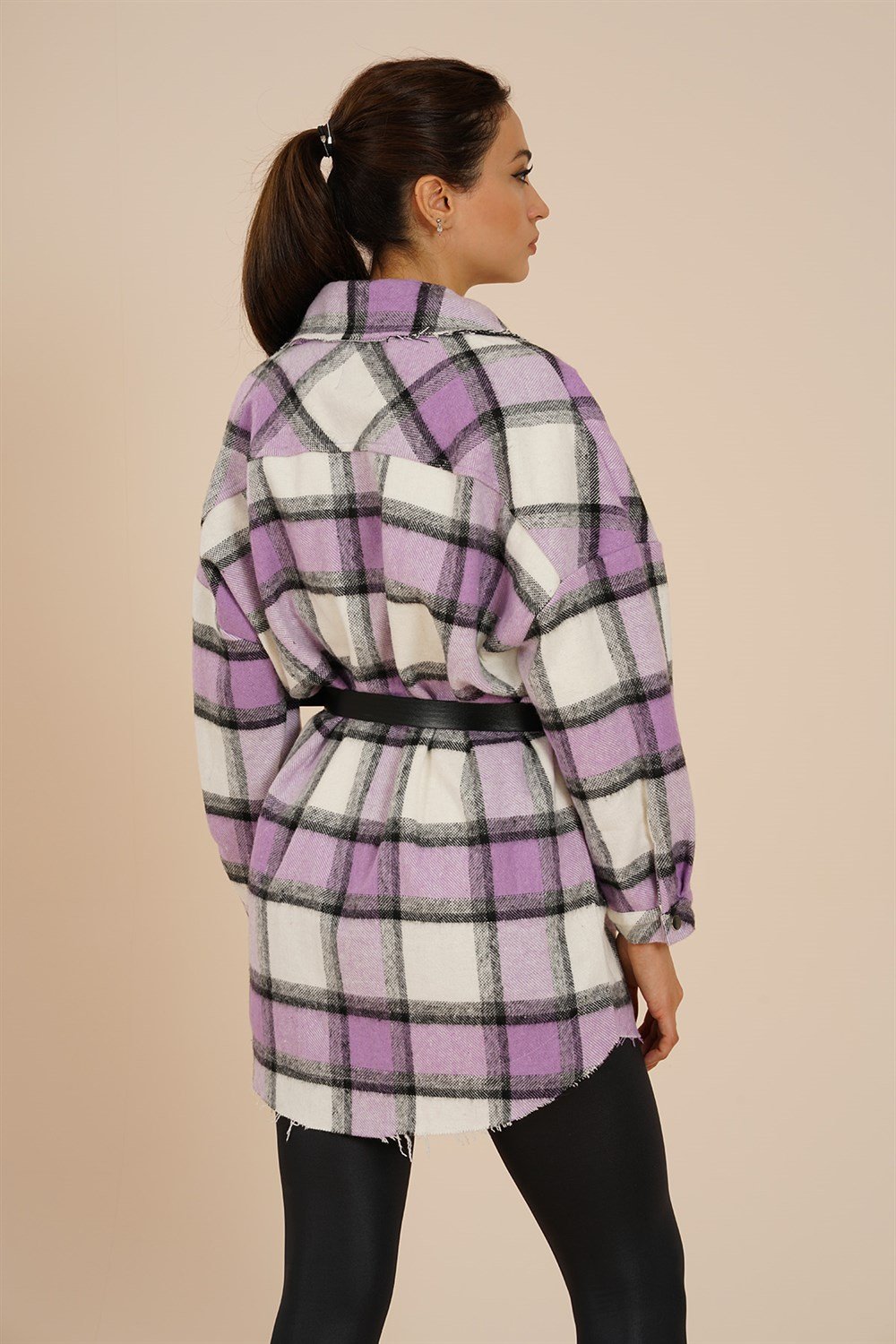 Kadın Ekose Kemerli Oversize Gömlek  Lila4574
