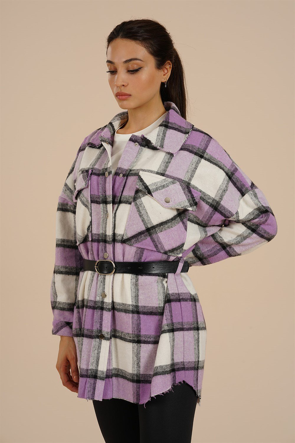 Kadın Ekose Kemerli Oversize Gömlek  Lila4574