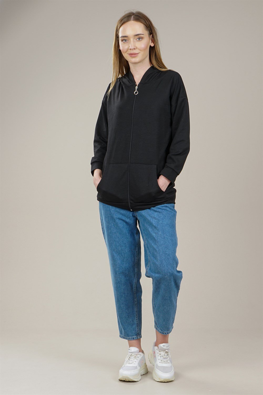 Kadın Fermuarlı Yetim Kol Oversize Sweatshirt  SiyahAS0066