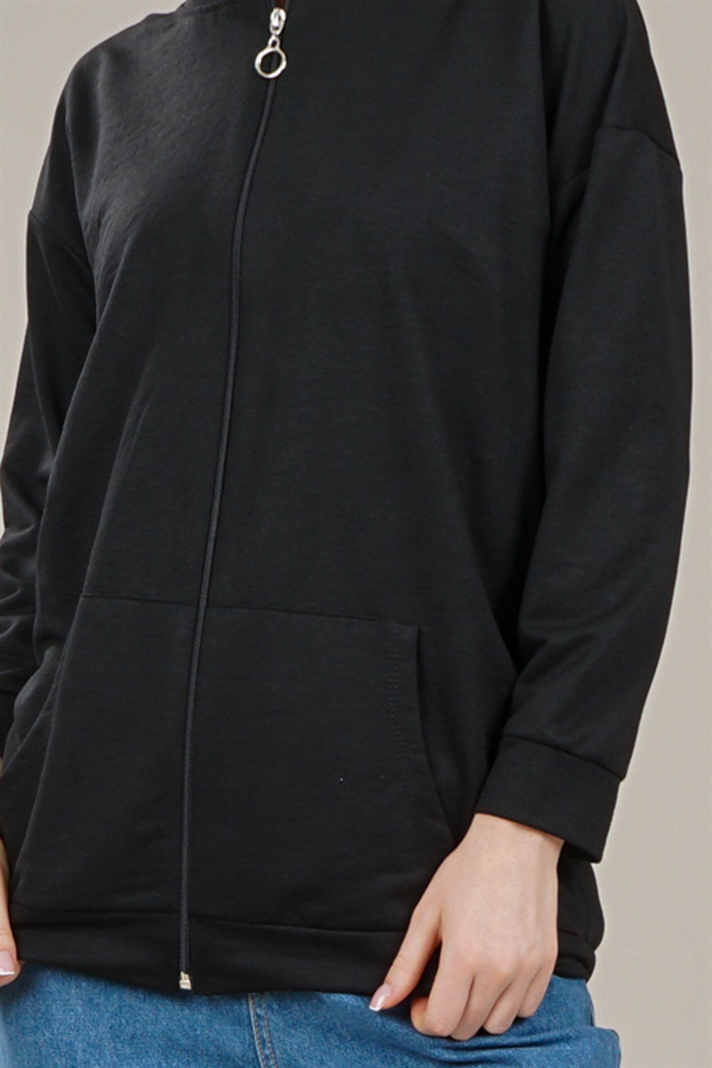 Kadın Fermuarlı Yetim Kol Oversize Sweatshirt  SiyahAS0066