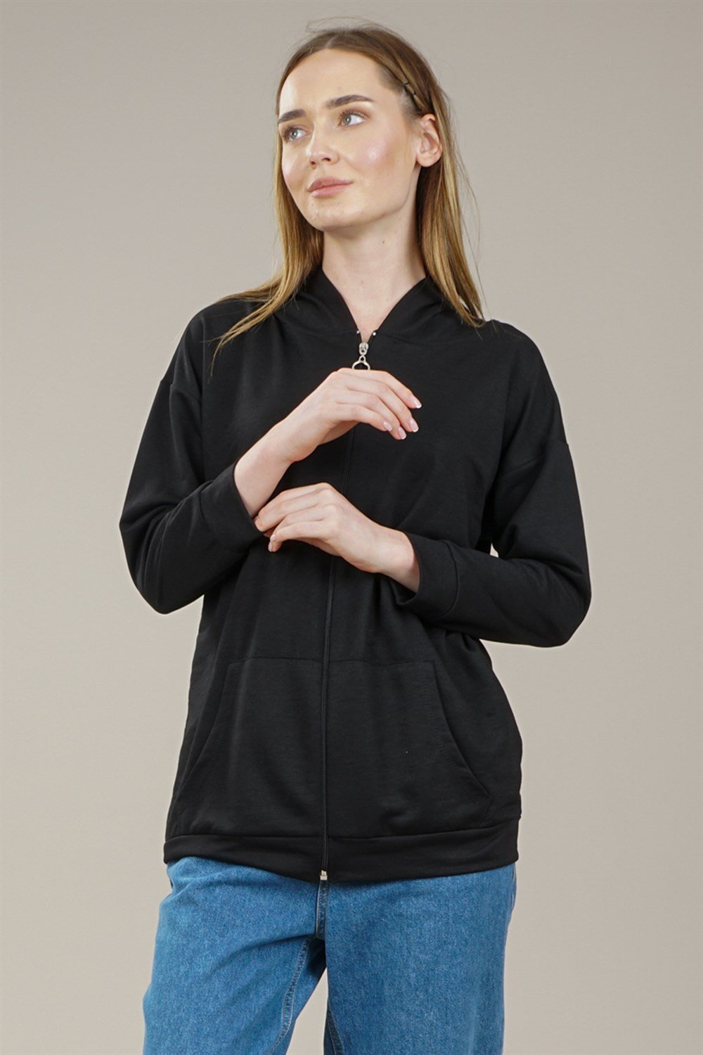Kadın Fermuarlı Yetim Kol Oversize Sweatshirt  SiyahAS0066