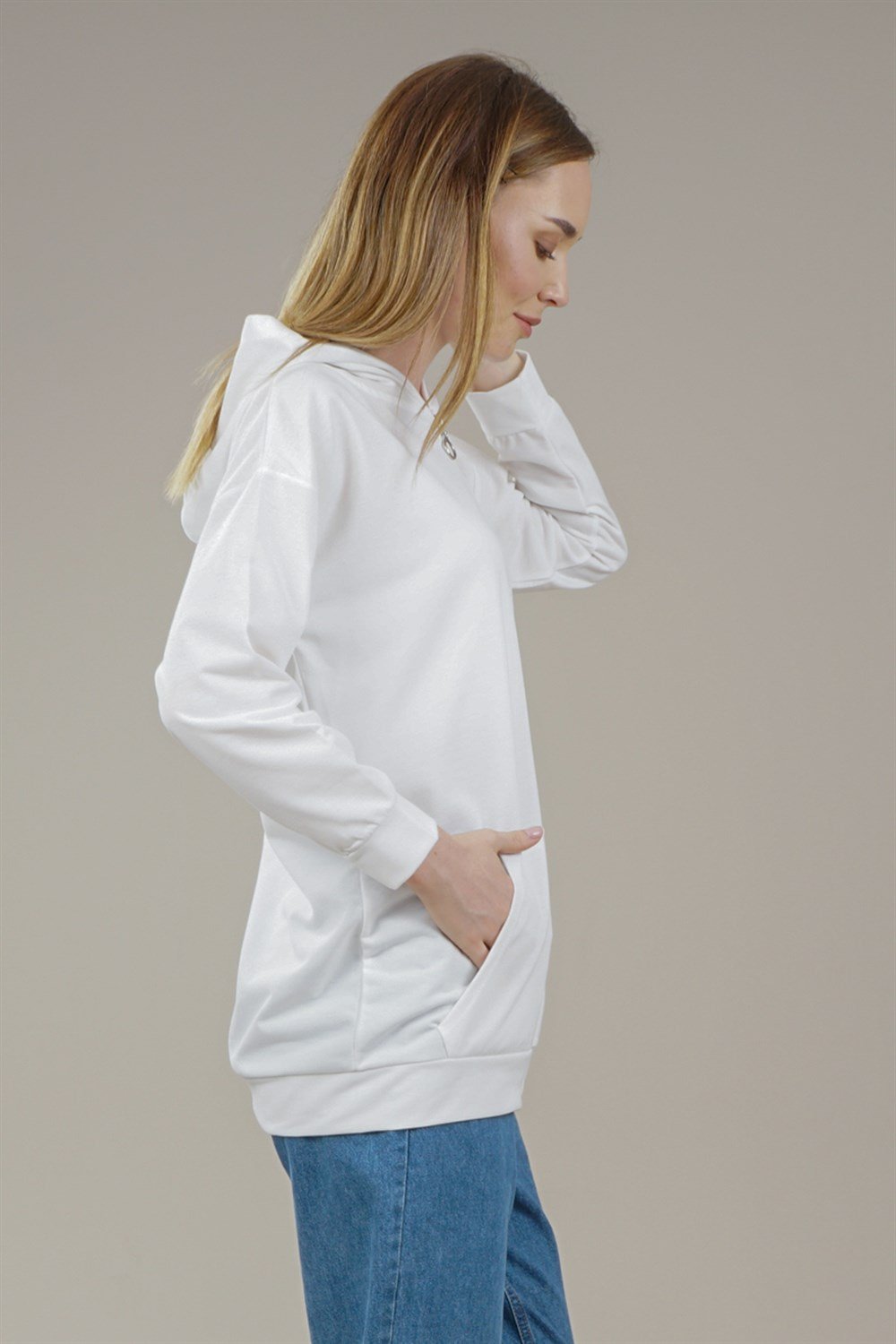 Kadın Fermuarlı Yetim Kol Oversize Sweatshirt  BeyazAS0066