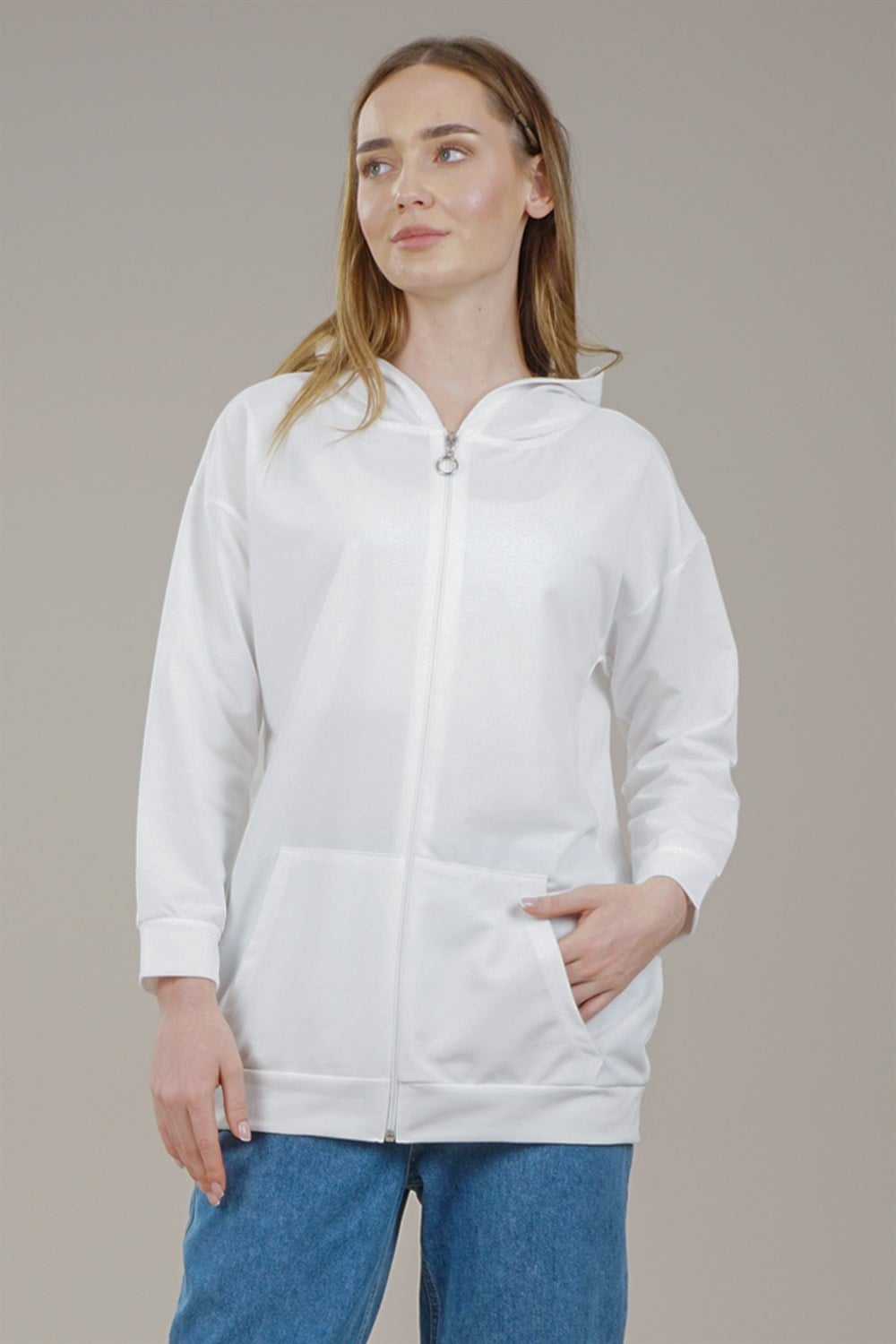 Kadın Fermuarlı Yetim Kol Oversize Sweatshirt  BeyazAS0066