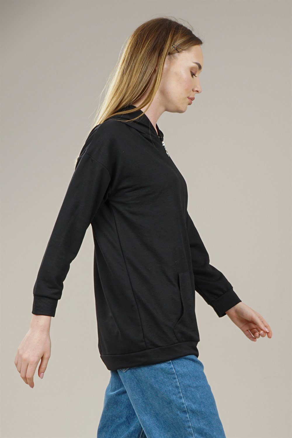 Kadın Fermuarlı Yetim Kol Oversize Sweatshirt  SiyahAS0066