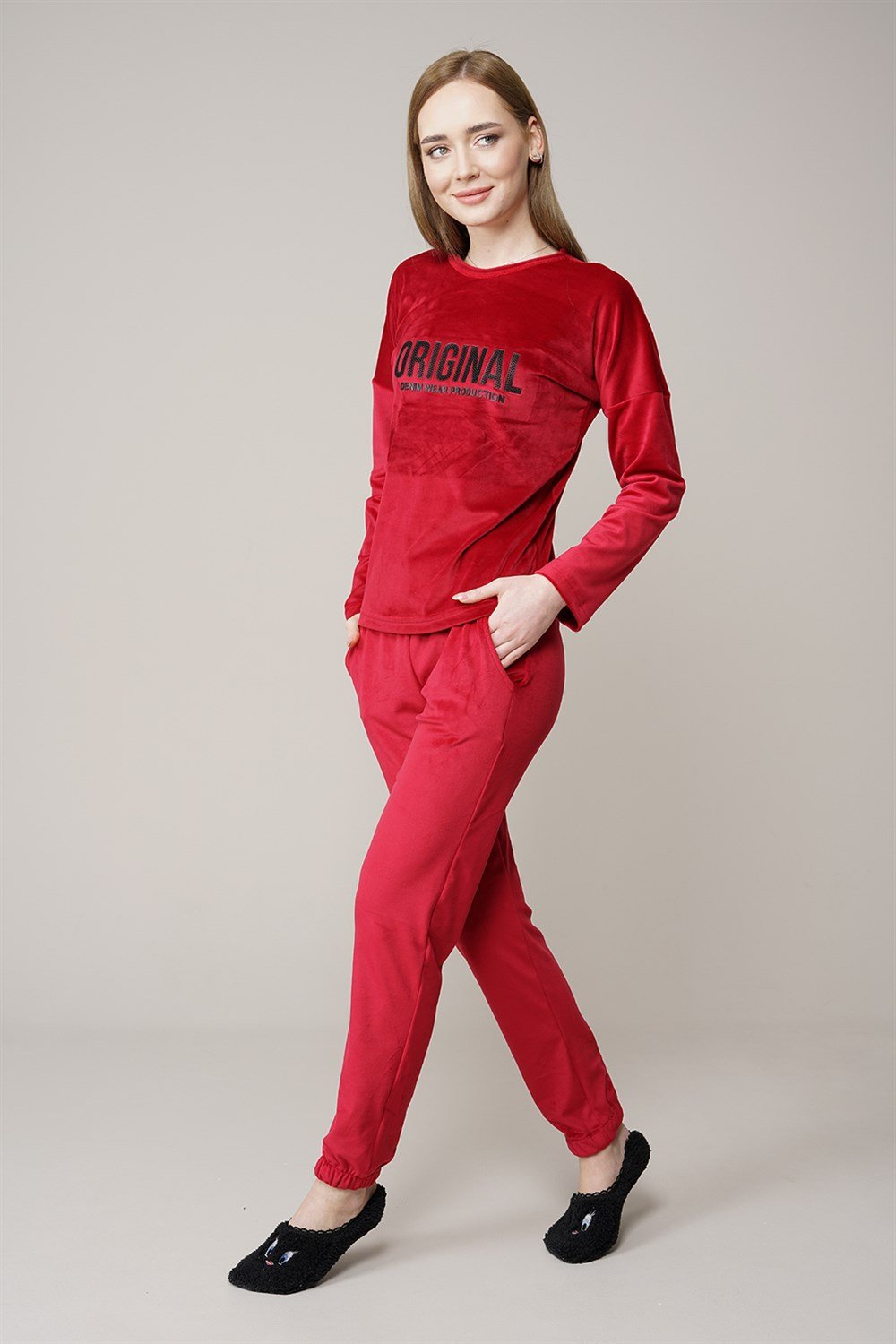 Kadın Kadife Pijama Takımı  BordoK1400