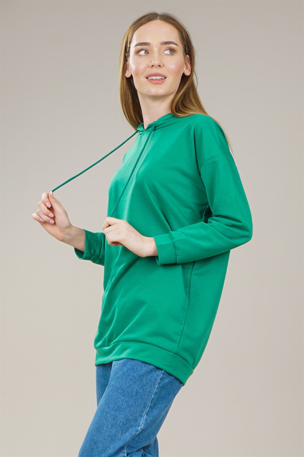 Kadın Kapüşonlu Yetim Kol Oversize Sweatshirt  YeşilAS0068
