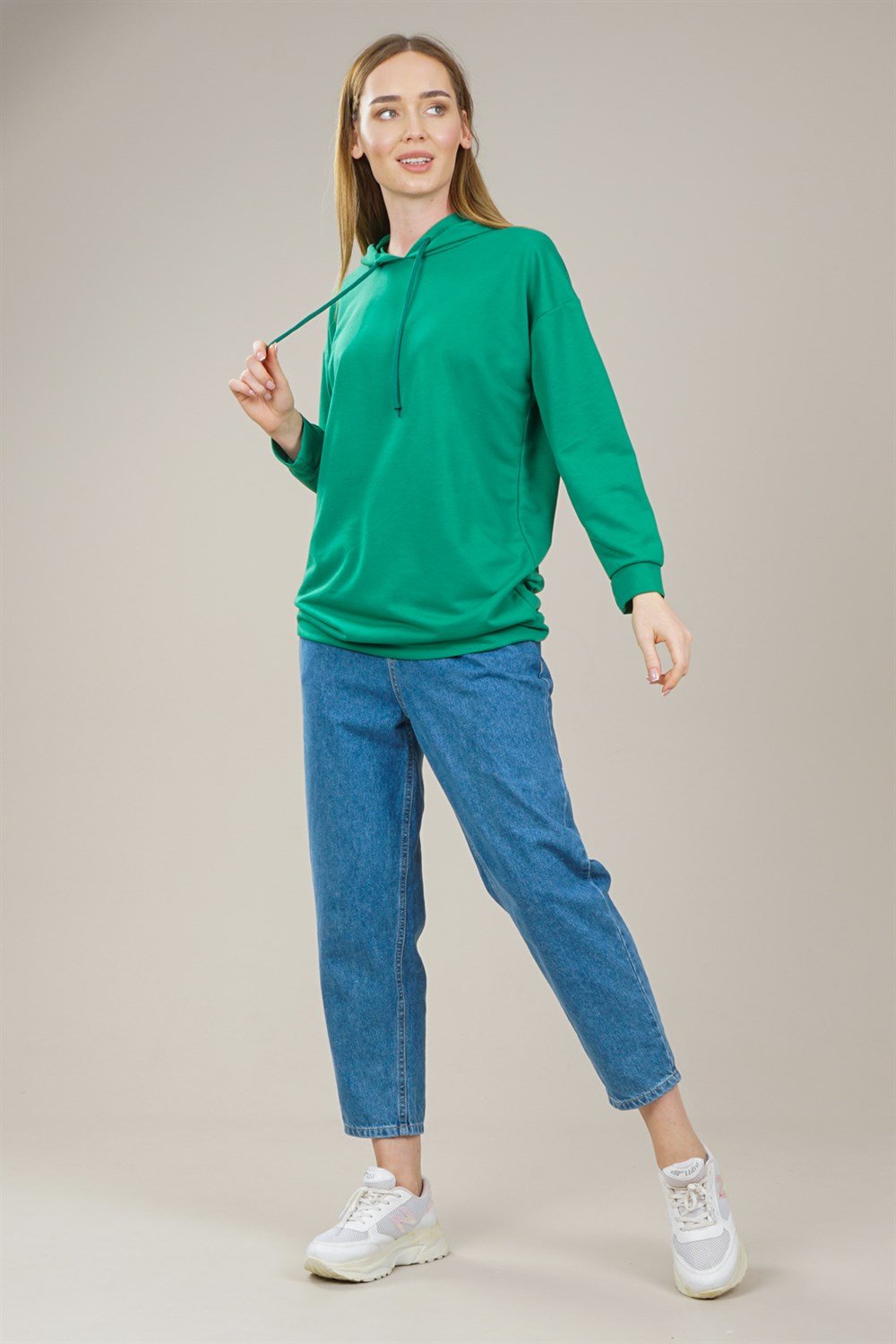 Kadın Kapüşonlu Yetim Kol Oversize Sweatshirt  YeşilAS0068