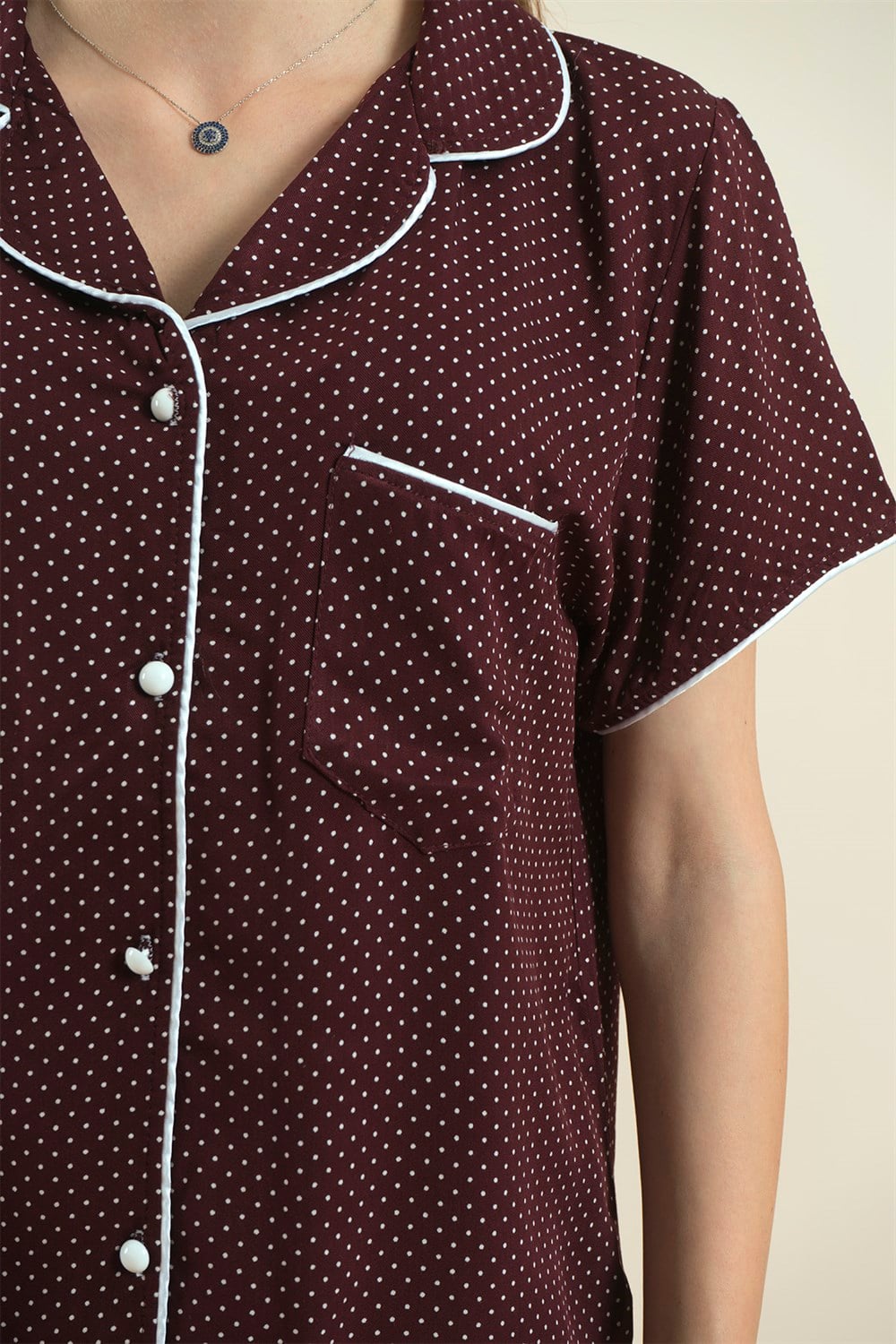 Kadın Önden Düğmeli Kısa Kollu 2'li Pijama Takımı  Bordo55954