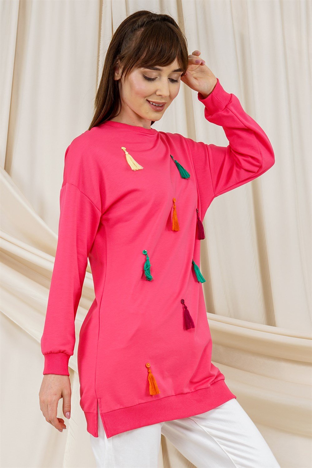 تونيكسويت شيرت مزين بشراشيب فوشياT2120