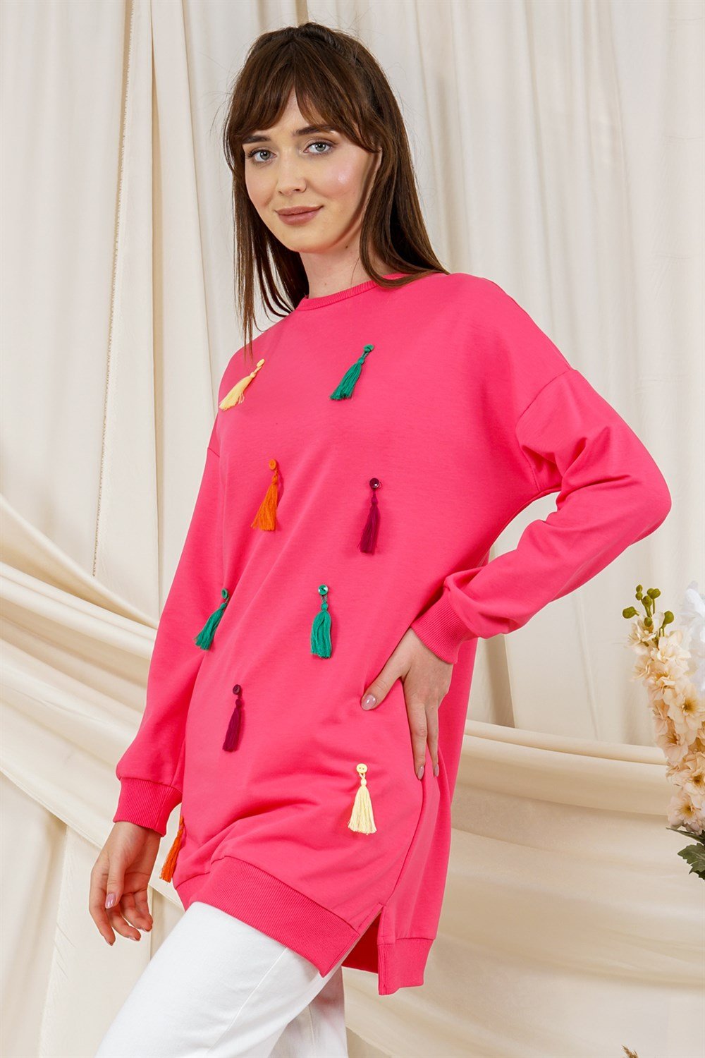 تونيكسويت شيرت مزين بشراشيب فوشياT2120