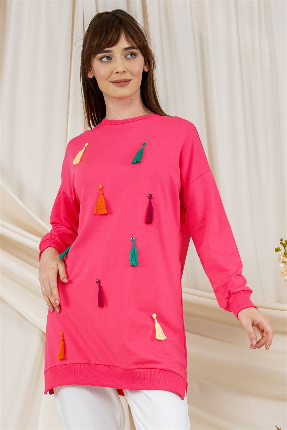 تونيكسويت شيرت مزين بشراشيب فوشياT2120