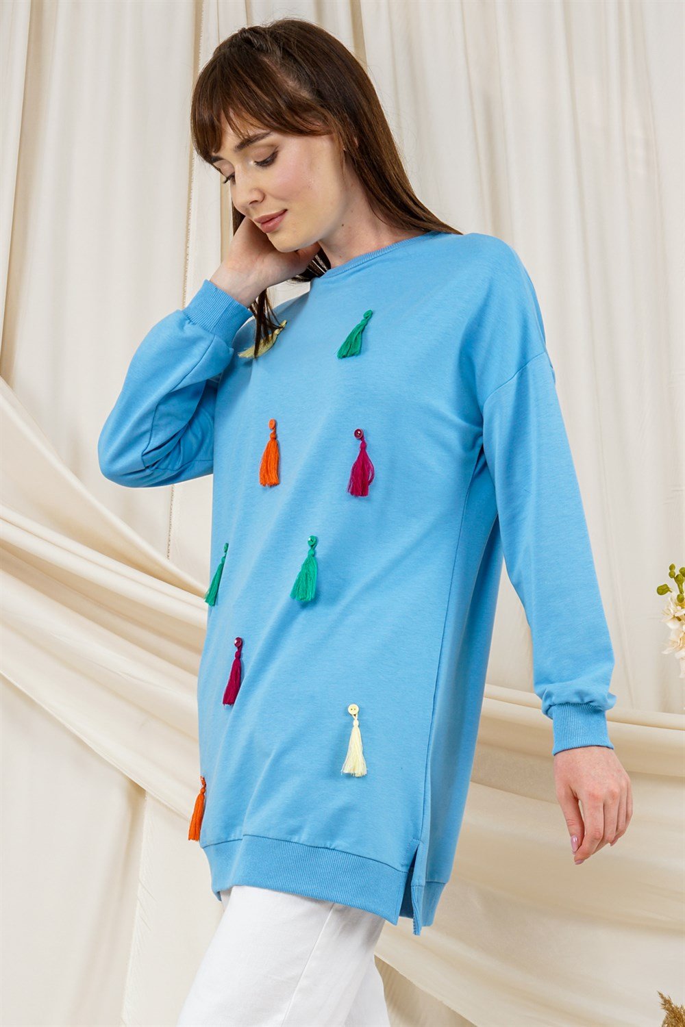 تونيكسويت شيرت مزين بشراشيب أزرقT2120