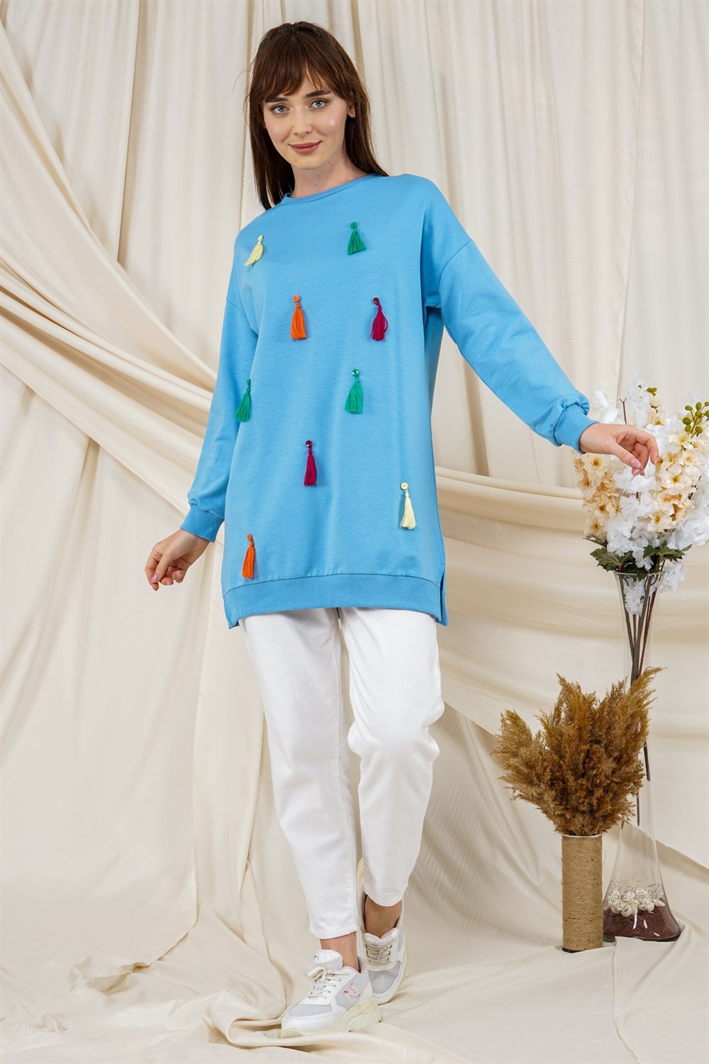 تونيكسويت شيرت مزين بشراشيب أزرقT2120