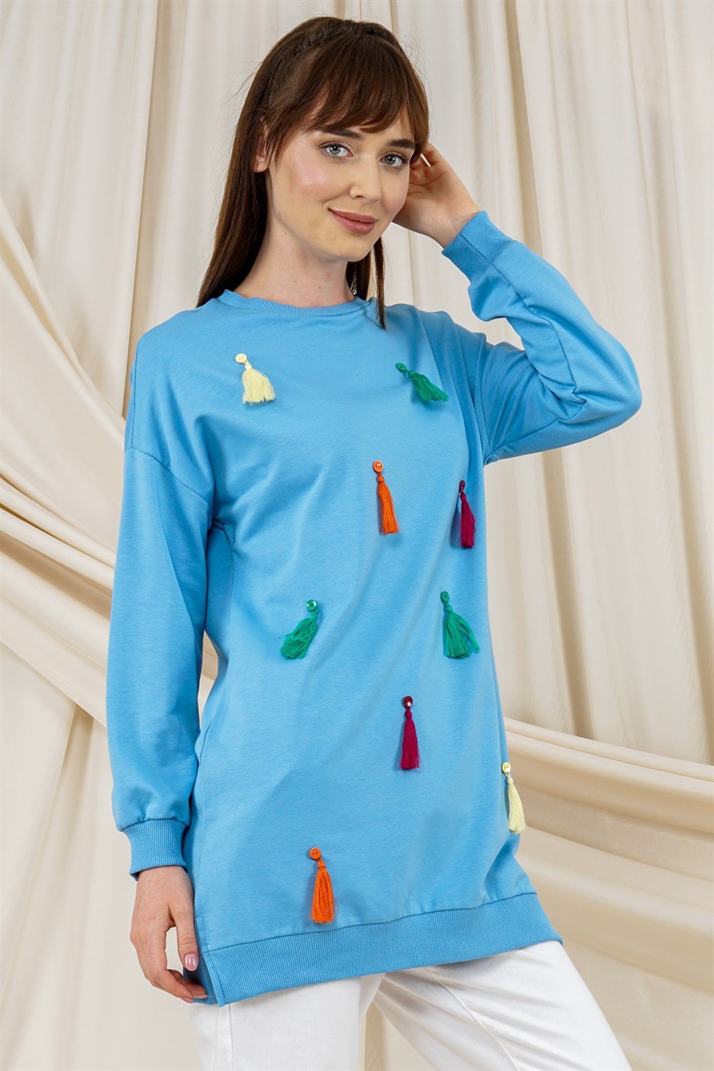 تونيكسويت شيرت مزين بشراشيب أزرقT2120