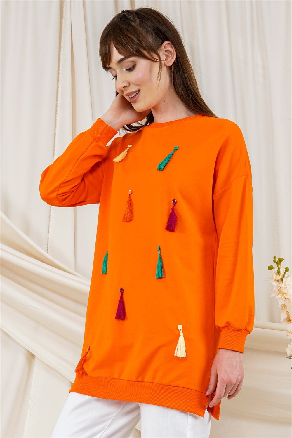 تونيكسويت شيرت مزين بشراشيب برتقاليT2120