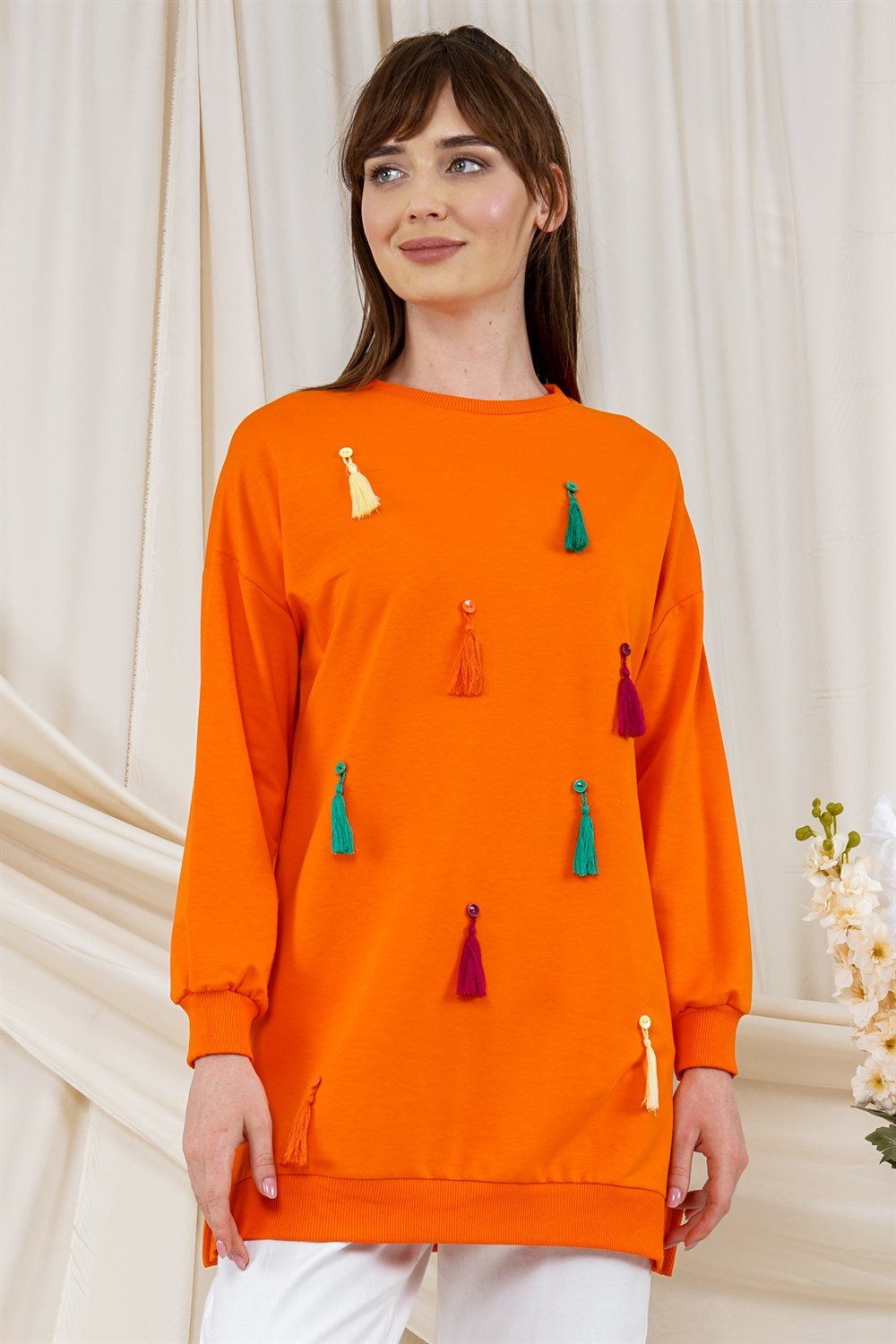 تونيكسويت شيرت مزين بشراشيب برتقاليT2120