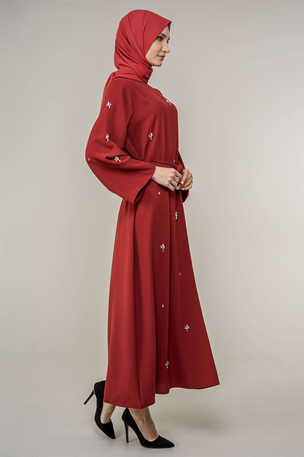 Kadın Taş İşlemeli Krep Elbise  Bordo8914