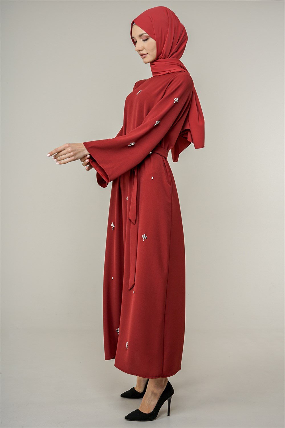 Kadın Taş İşlemeli Krep Elbise  Bordo8914