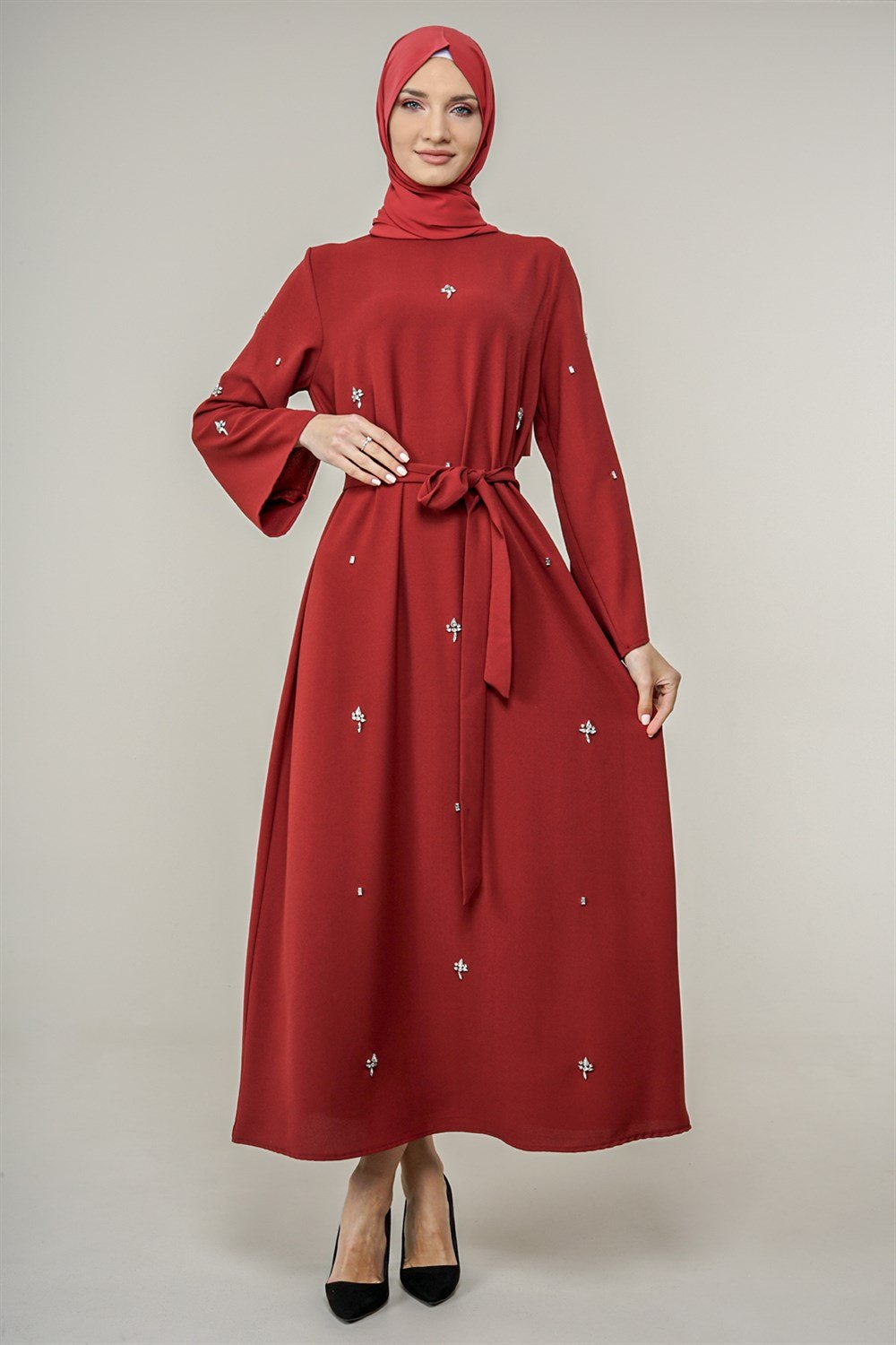 Kadın Taş İşlemeli Krep Elbise  Bordo8914