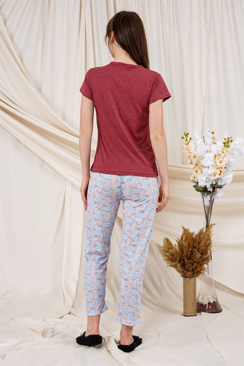 Kadın Yaprak Desenli Pijama Takımı  BordoL8600
