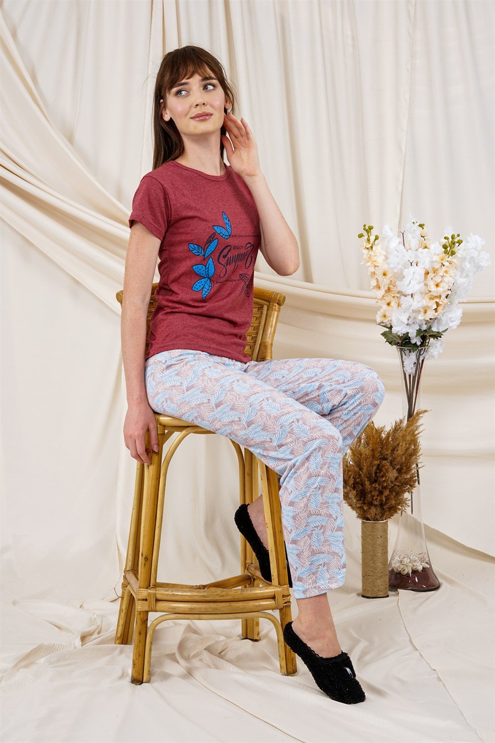 Kadın Yaprak Desenli Pijama Takımı  BordoL8600