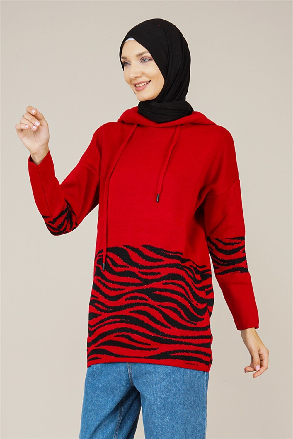 Kadın Zebra Desenli Kapüşonlu Triko  KırmızıCO652