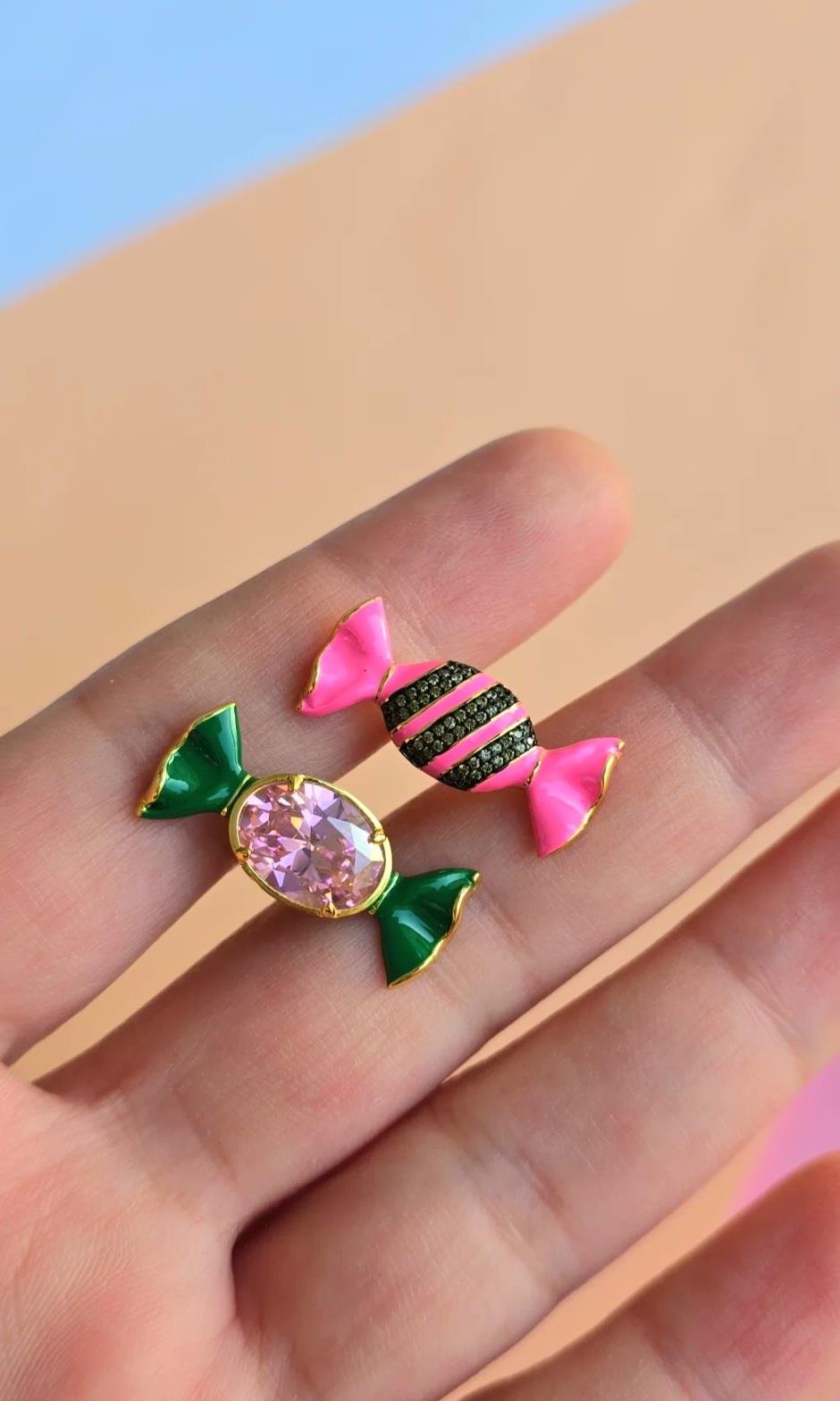 ÇİFT İTHAL SUGAR CANDY ŞEKER MİNELİ TAŞLI GÜMÜŞ KÜPE