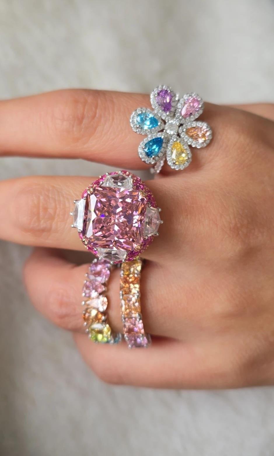 İTHAL KARE PEMBE FANCY BUZ KESİM BOMBİ GÜMÜŞ YÜZÜK