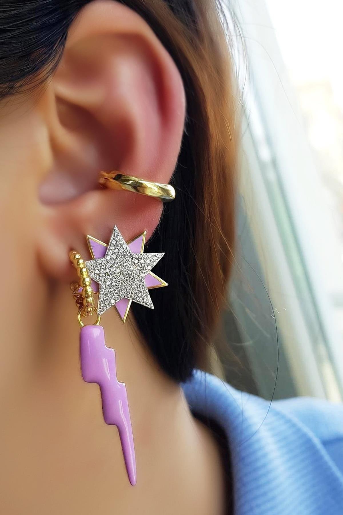 TEKLİ LİLA MİNELİ STAR TWİN GÜMÜŞ KÜPE