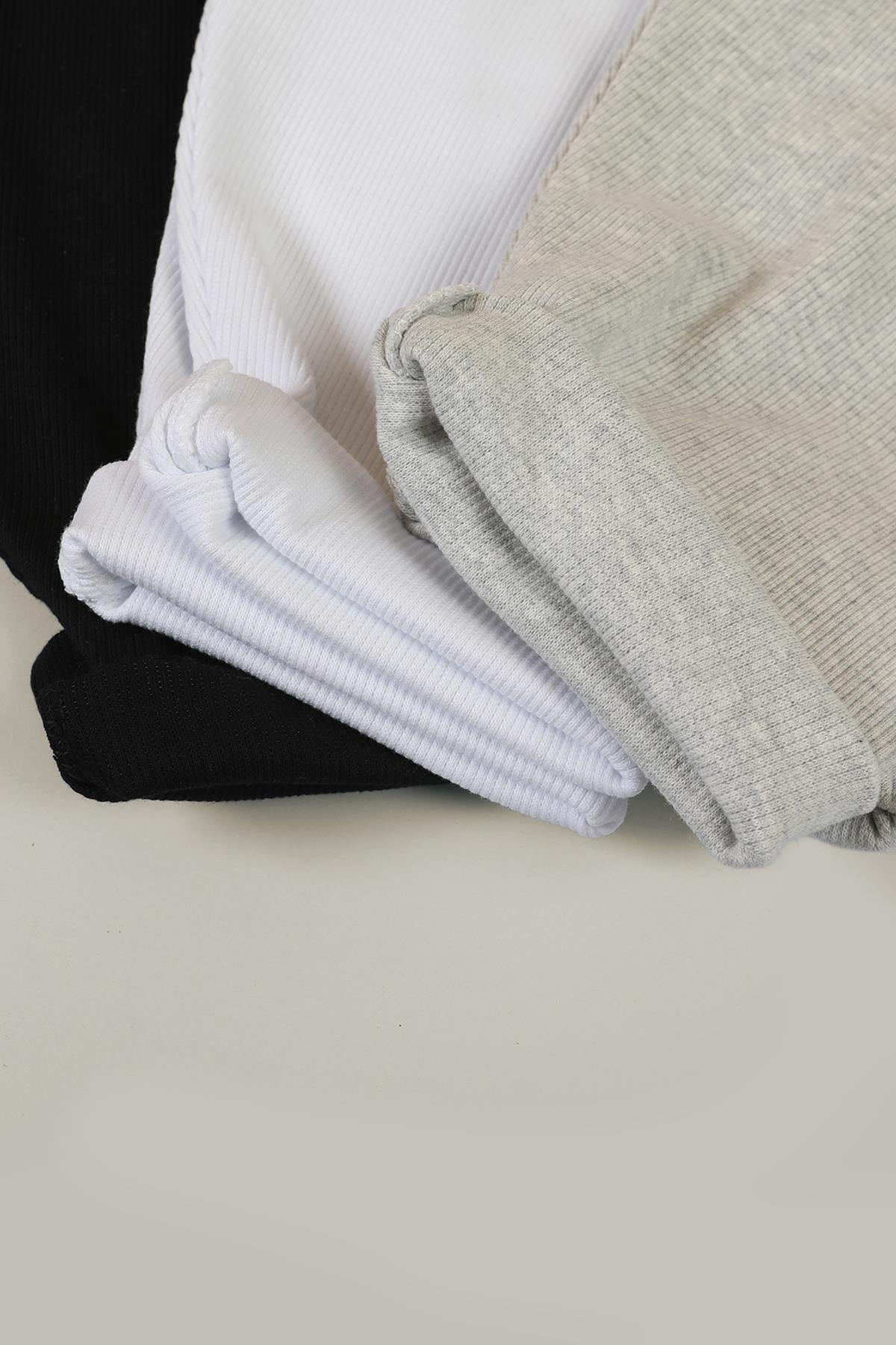 3'lü Bebek Pamuklu Slim Fit Tek Alt Esnek ve Rahat Fitilli Kumaş Beyaz-Siyah-Gri