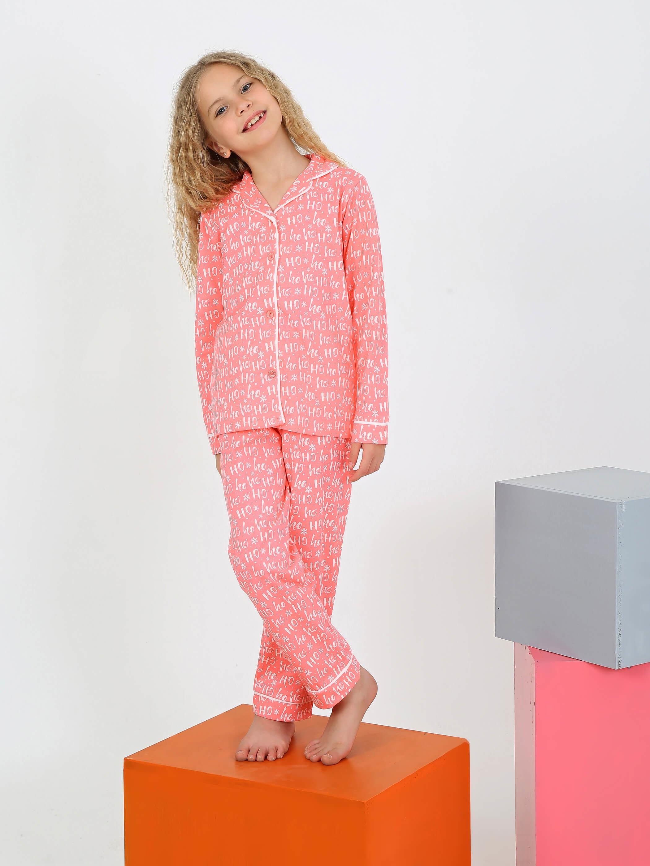 Düğmeli Kız Uzun Kollu 'Hoho' Model Pijama Takımı