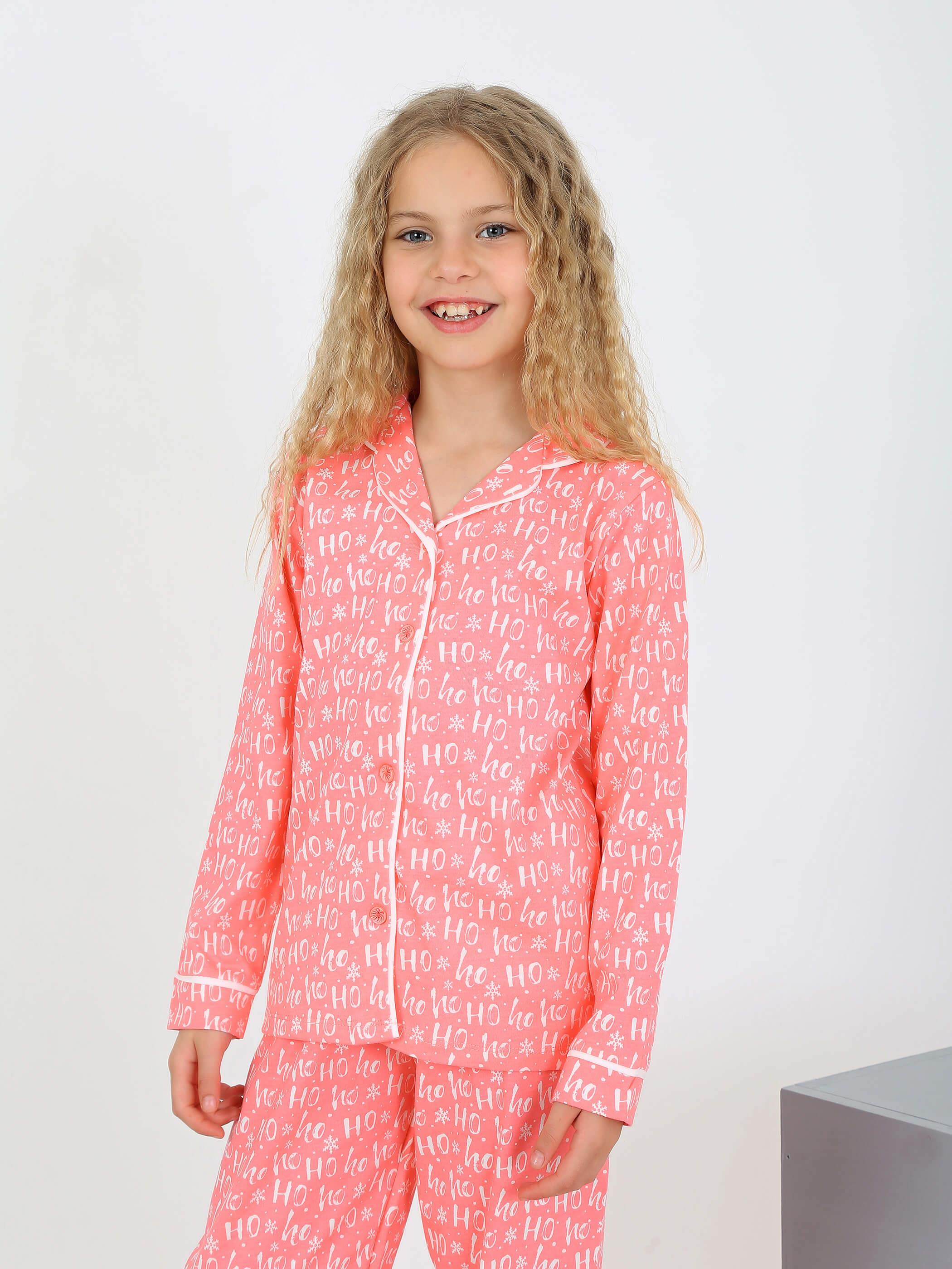 Düğmeli Kız Uzun Kollu 'Hoho' Model Pijama Takımı