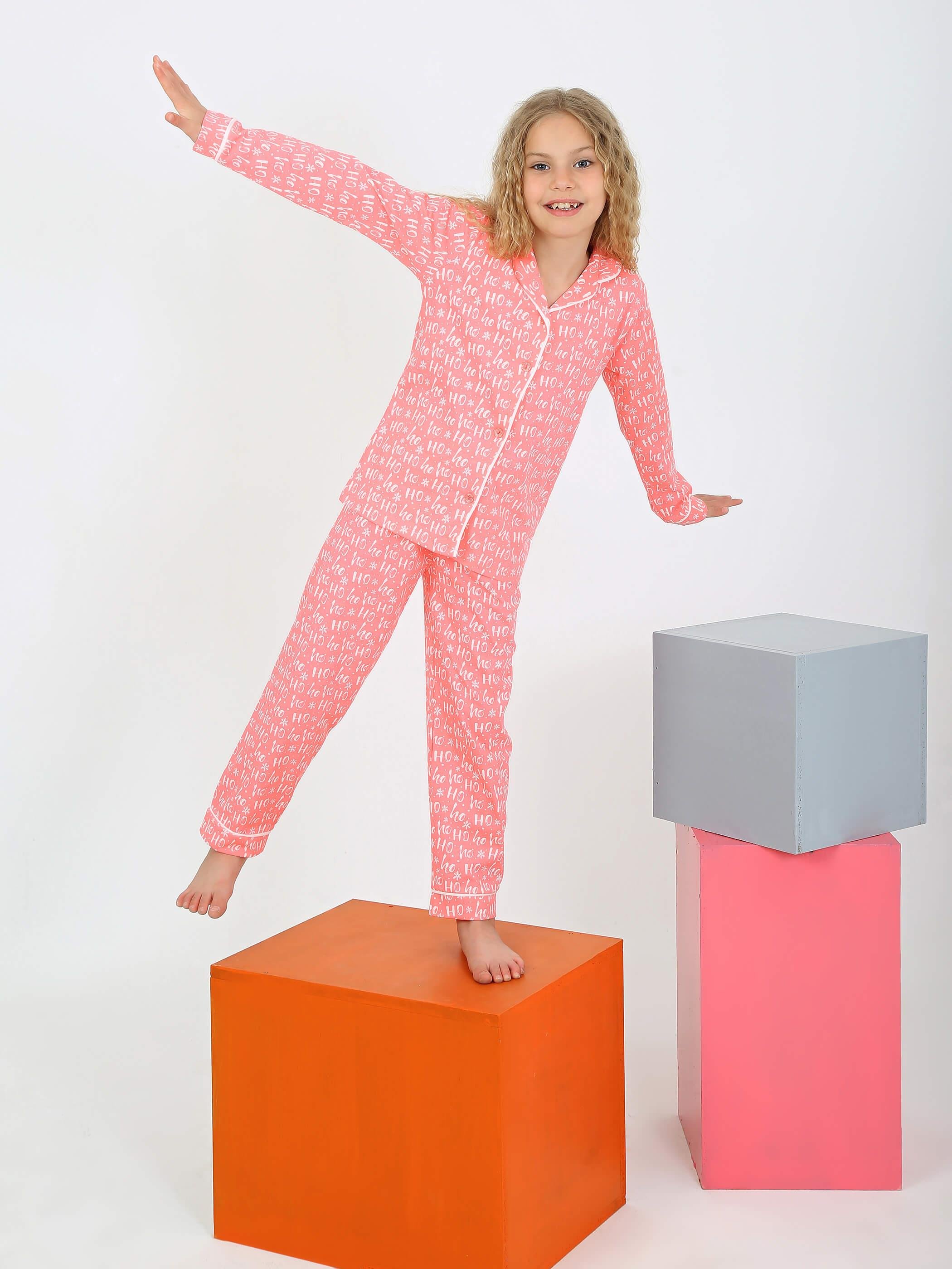 Düğmeli Kız Uzun Kollu 'Hoho' Model Pijama Takımı