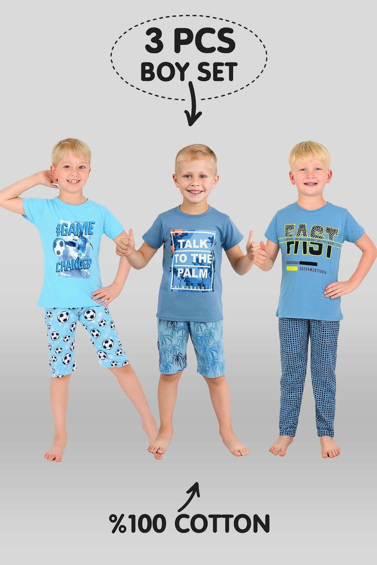 Erkek Çocuk 3'lü %100 Pamuklu 10-11-12 Yaş Pijama Takımı Model:104