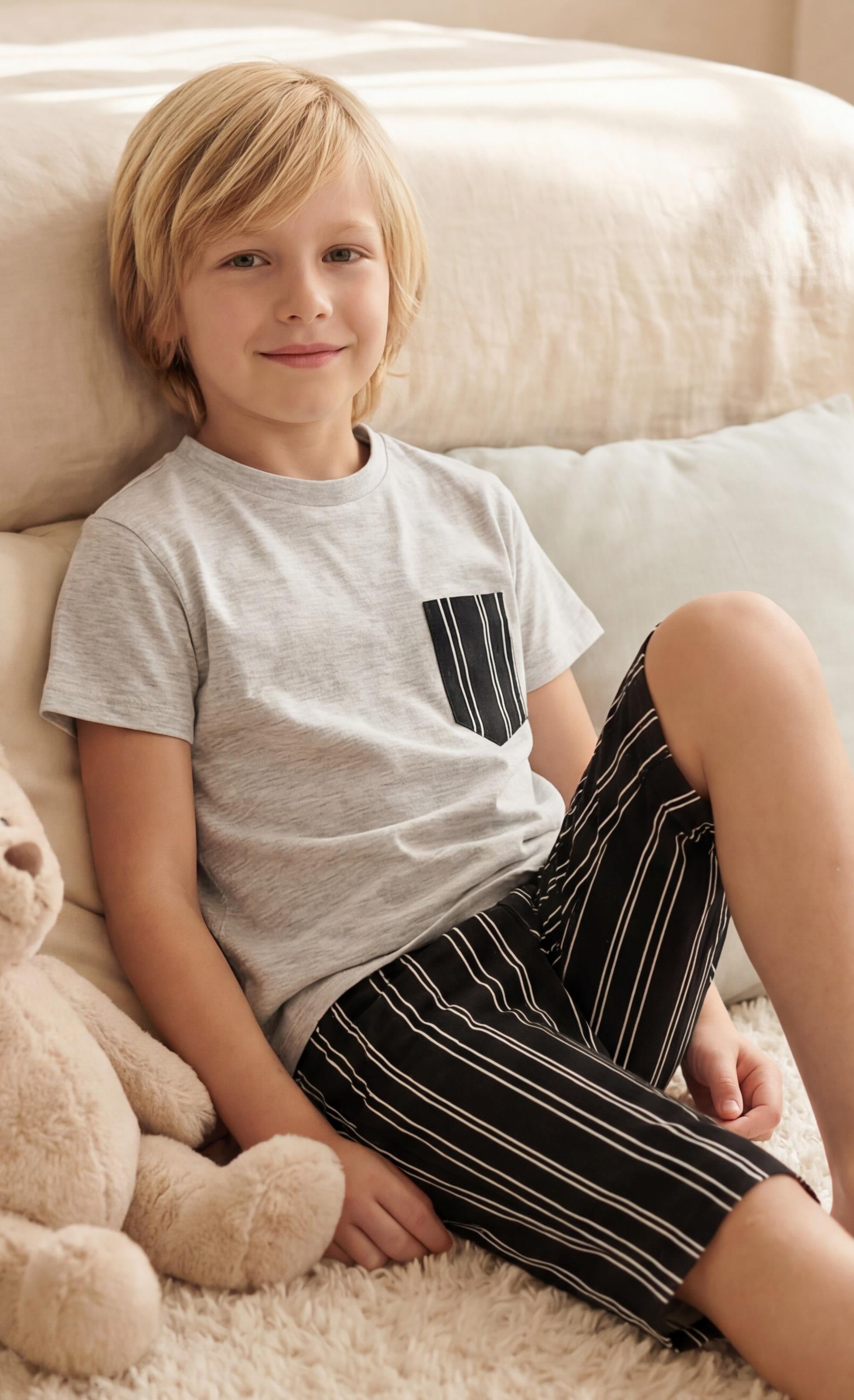 Erkek Çocuk Kısa Kollu Cepli %100 Pamuk Kapri Pijama Takımı Line