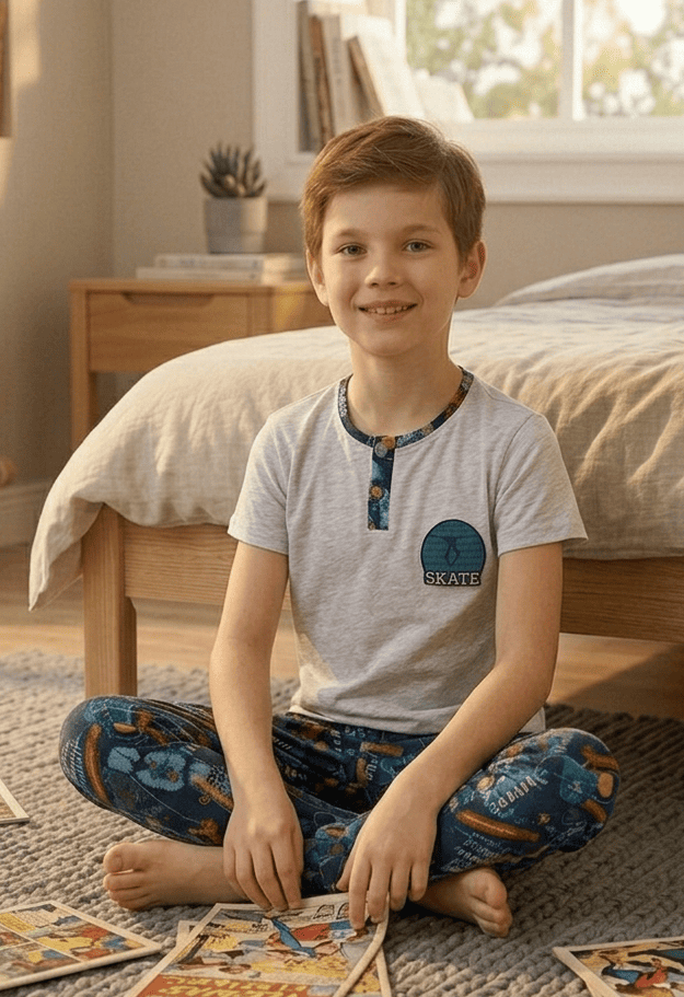 Erkek Çocuk Kısa Kollu Düğme Detaylı %100 Pamuklu Pijama Takımı Skate
