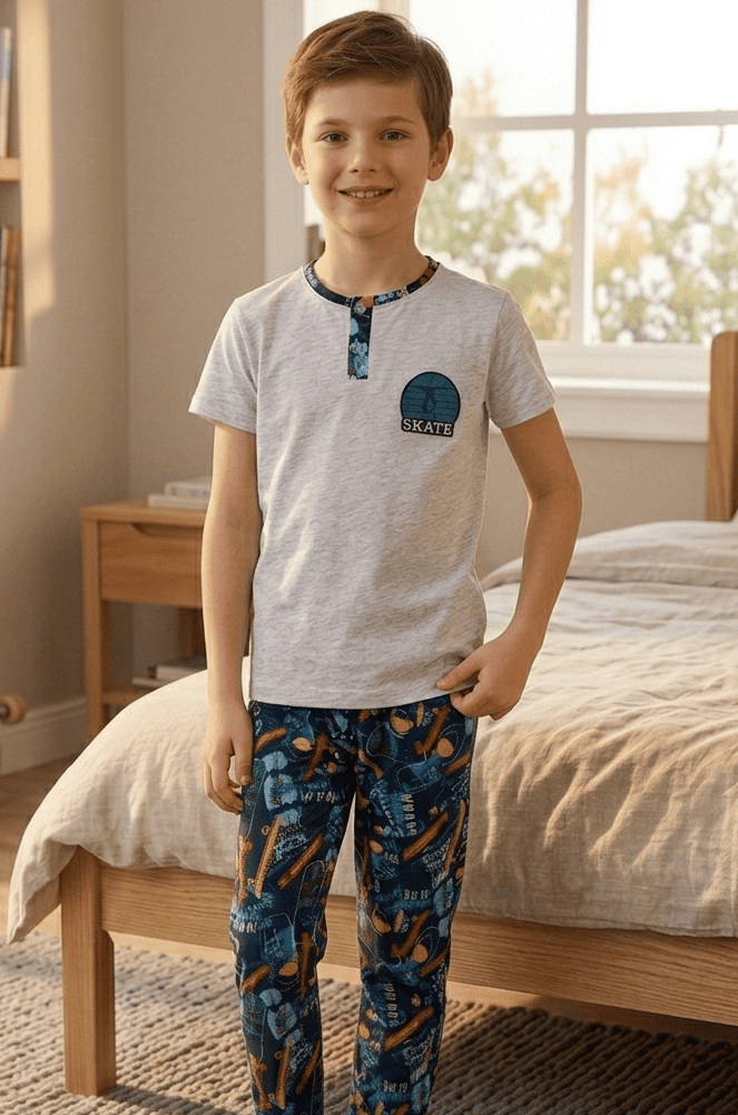 Erkek Çocuk Kısa Kollu Düğme Detaylı %100 Pamuklu Pijama Takımı Skate