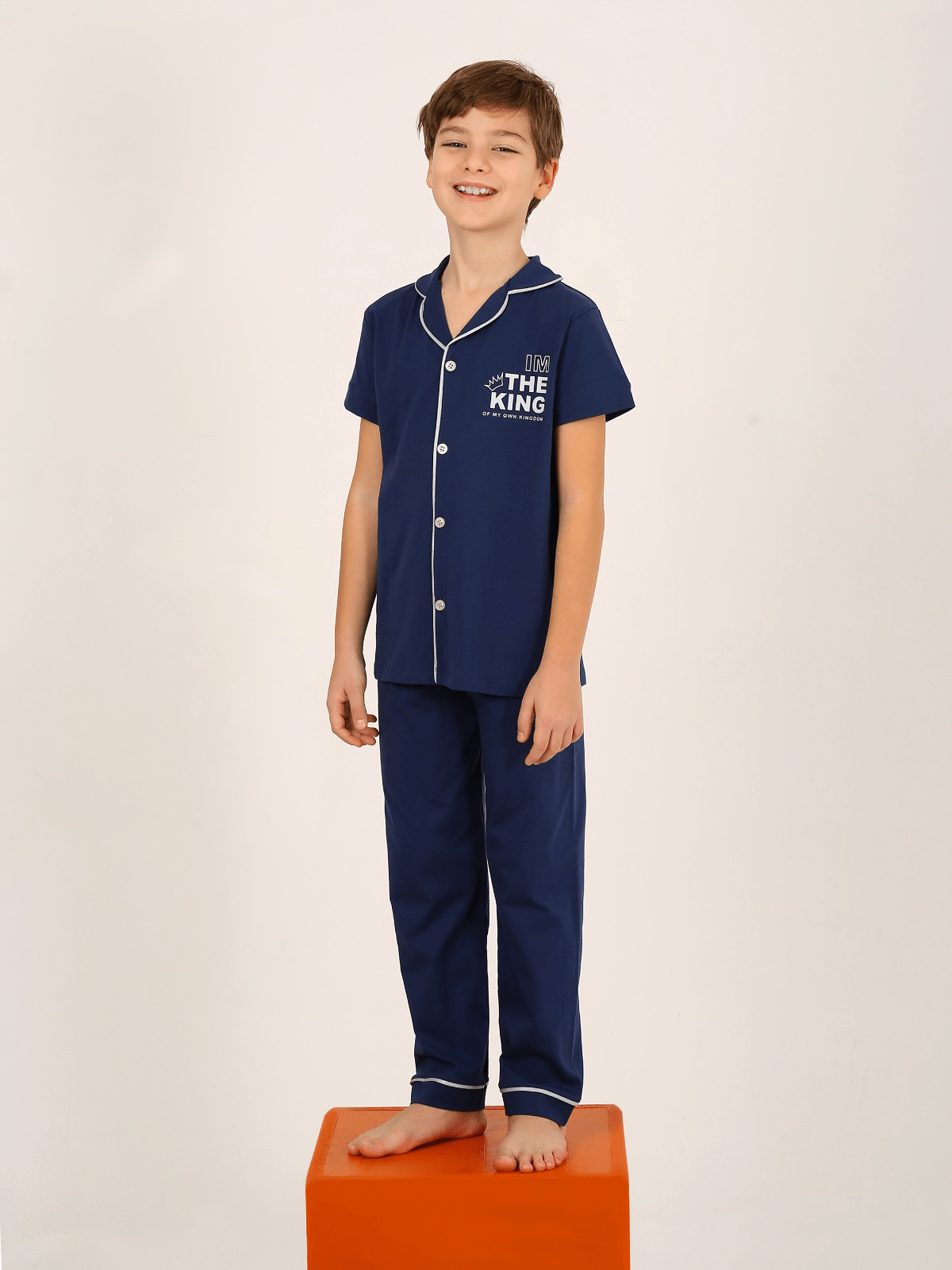 Erkek Çocuk Kısa Kollu Düğmeli %100 Pamuklu Pijama Takımı The King