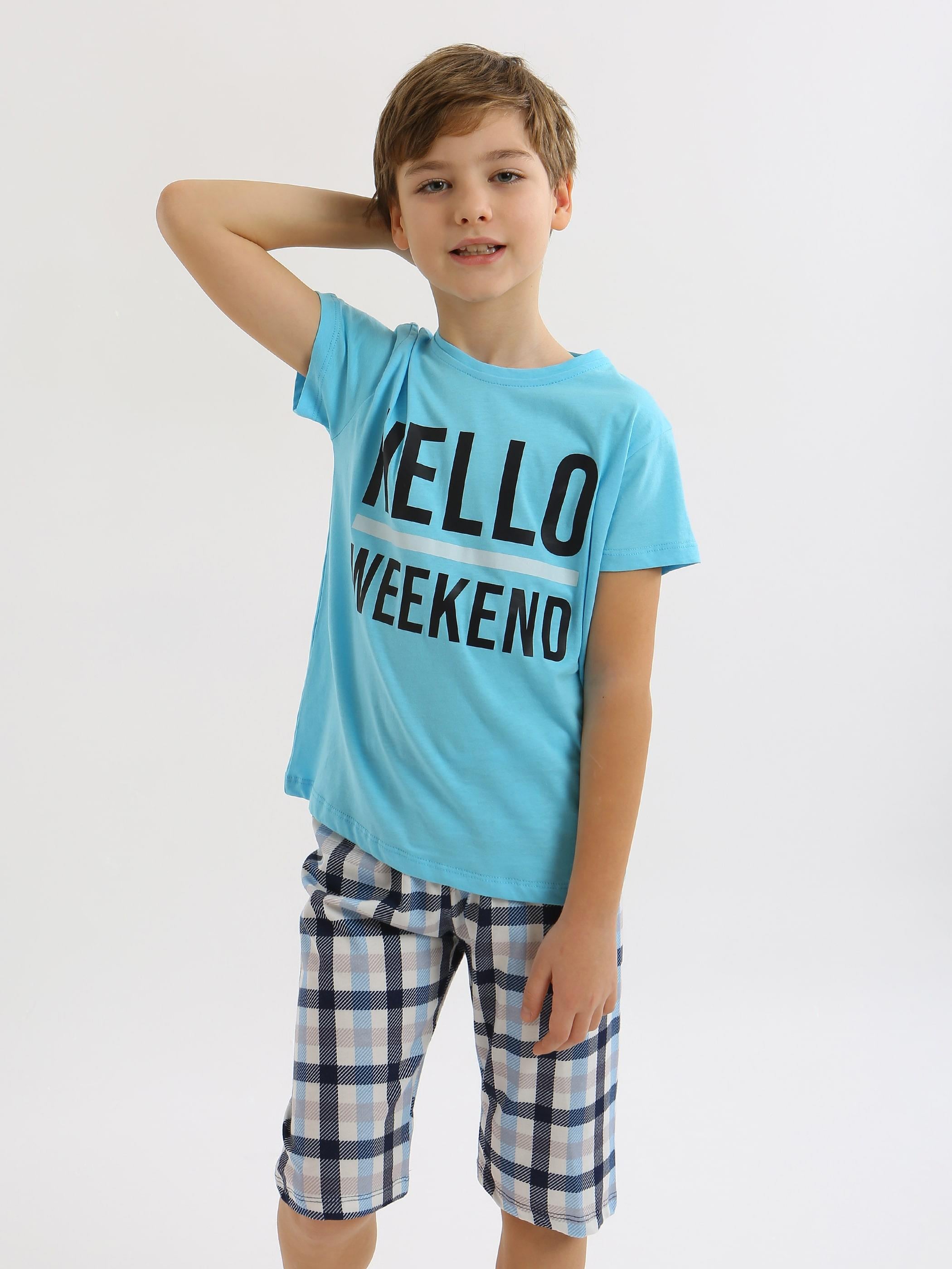 Erkek Çocuk Kısa Kollu Kapri %100 Pamuklu Pijama Takımı Hello Weekend