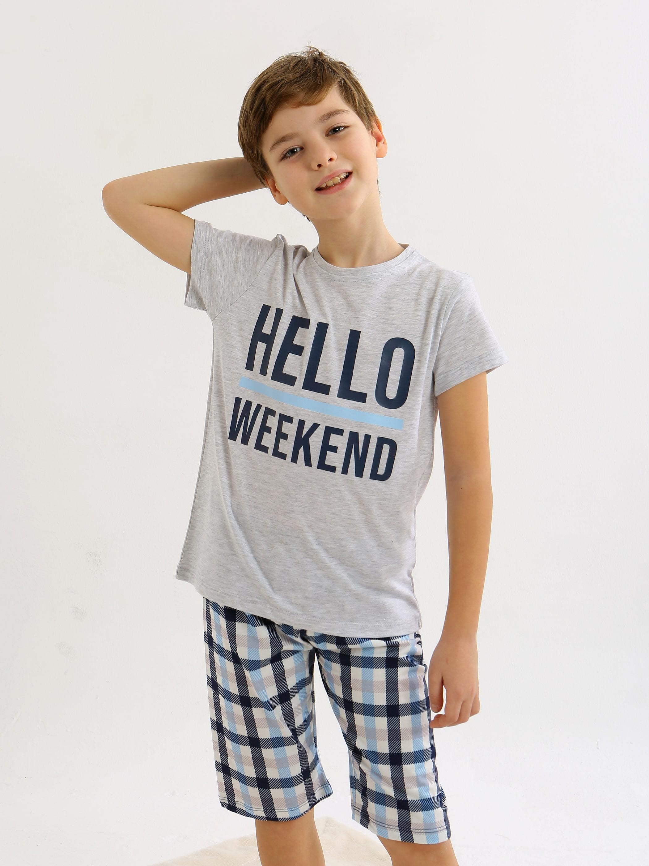 Erkek Çocuk Kısa Kollu Kapri %100 Pamuklu Pijama Takımı Hello Weekend