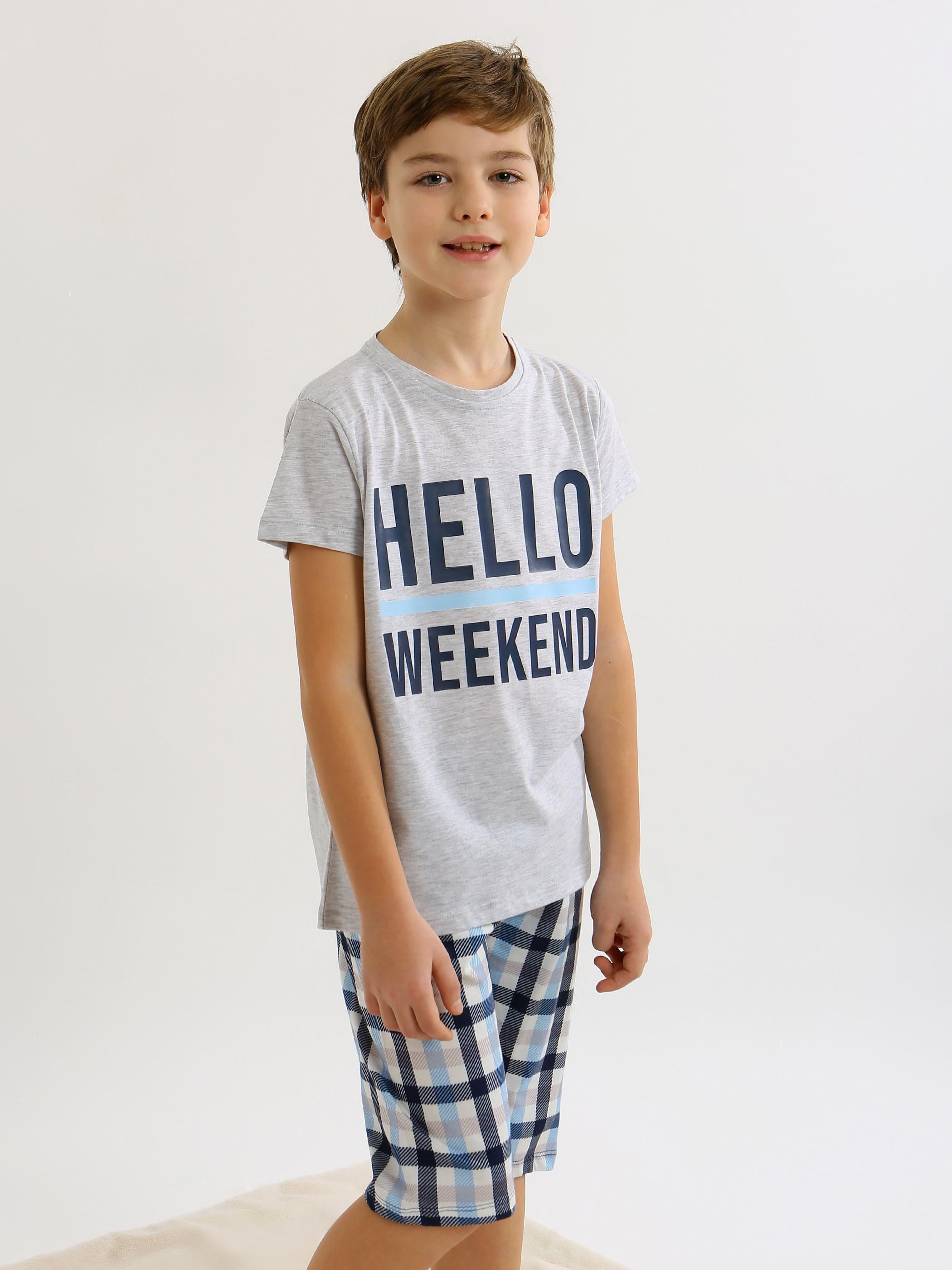 Erkek Çocuk Kısa Kollu Kapri %100 Pamuklu Pijama Takımı Hello Weekend