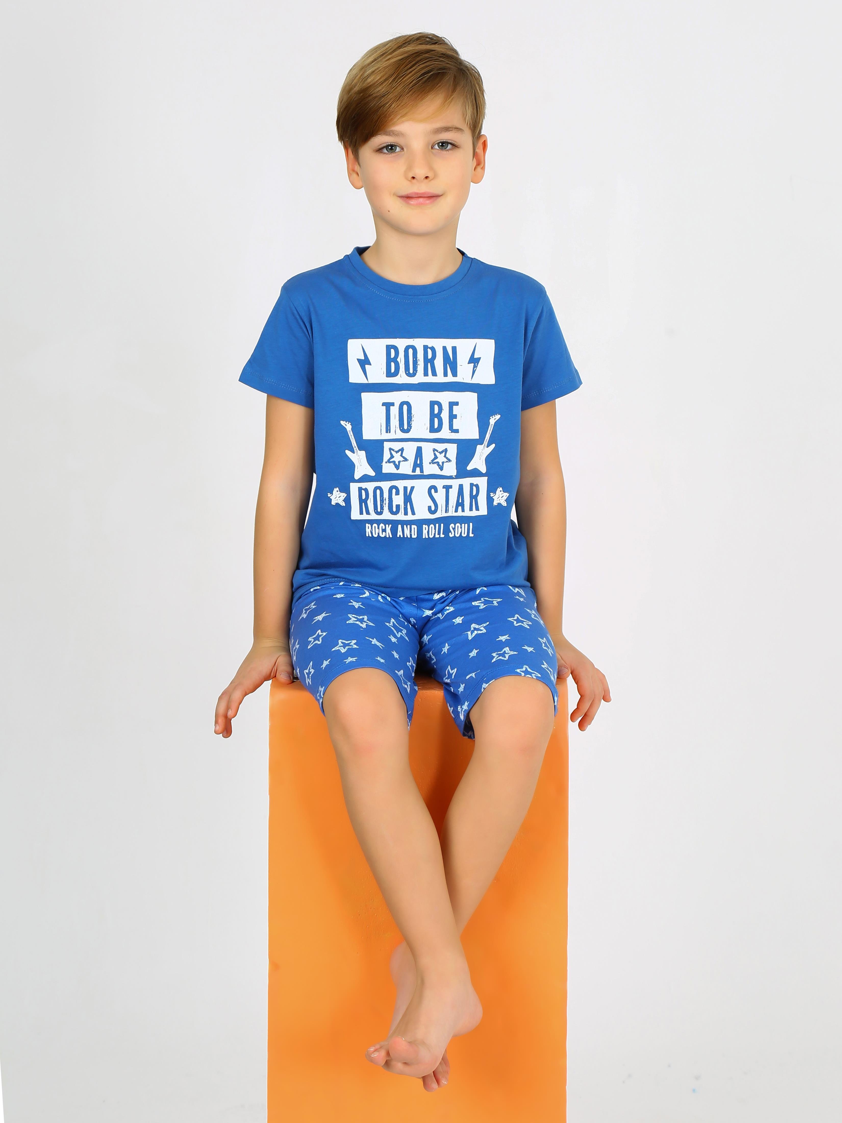 Erkek Çocuk Kısa Kollu Kapri %100 Pamuklu Rock Star Pijama Takımı İndigo