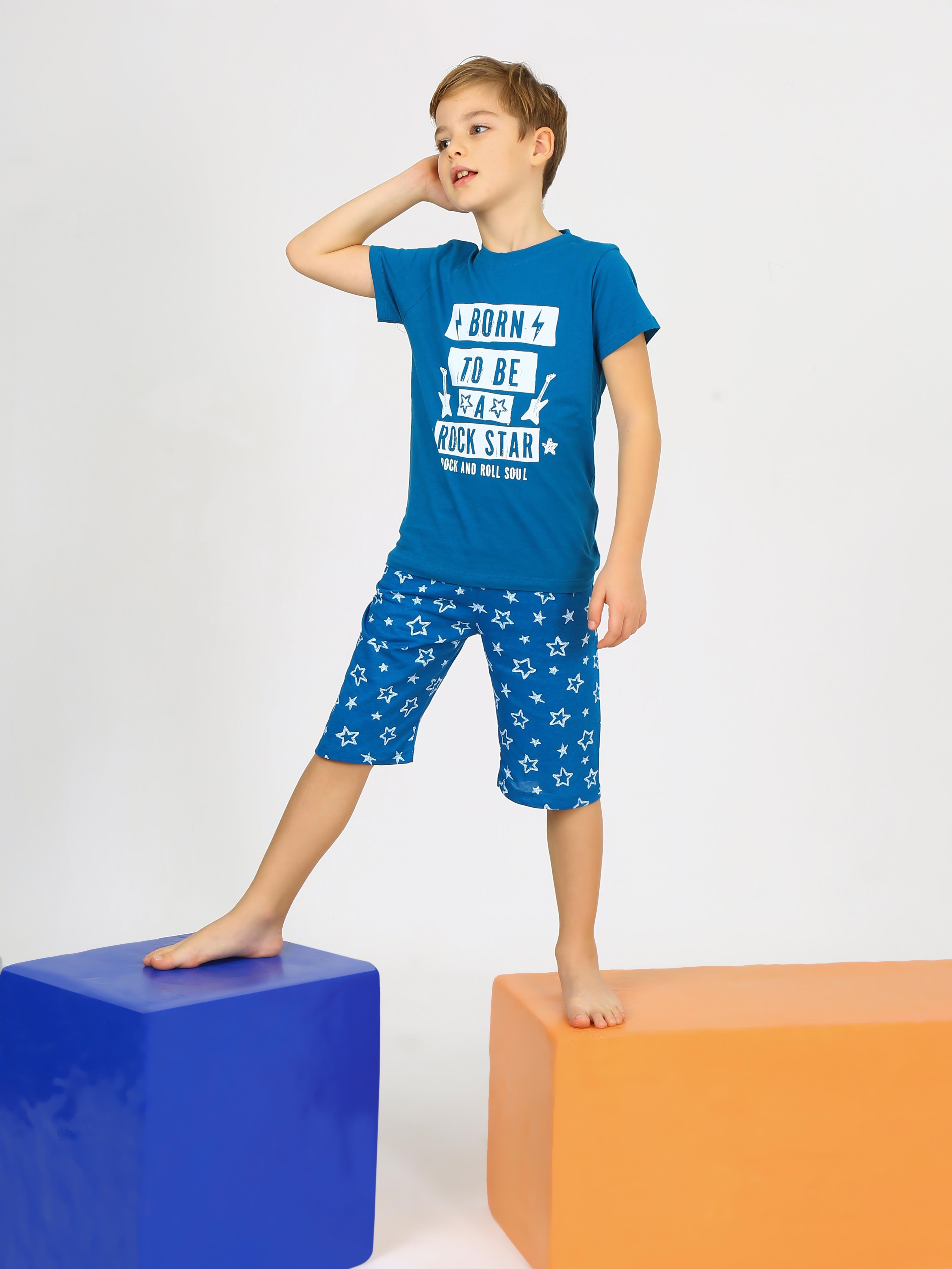 Erkek Çocuk Kısa Kollu Kapri %100 Pamuklu Rock Star Pijama Takımı İndigo