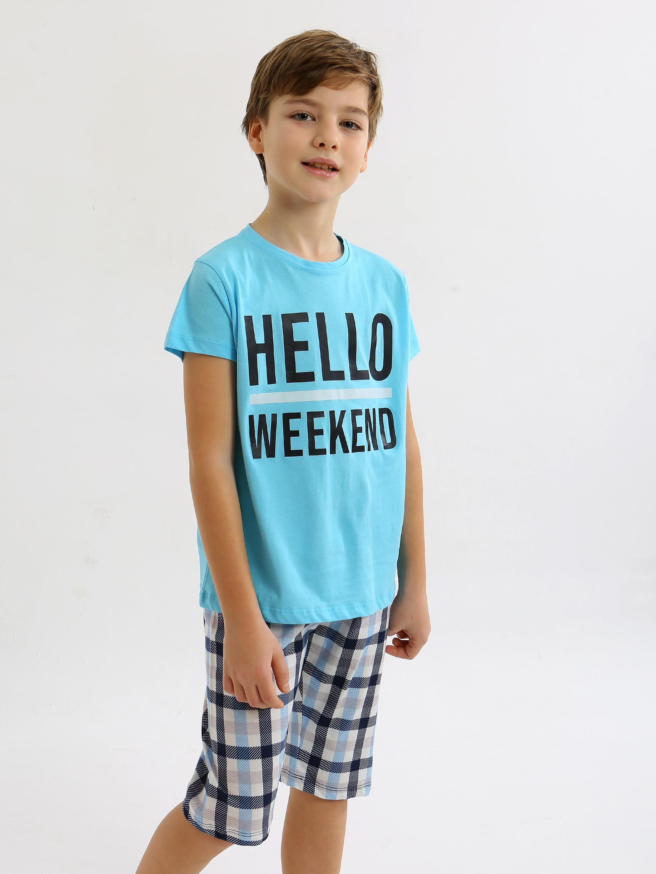 Erkek Çocuk Kısa Kollu Kapri %100 Pamuklu Pijama Takımı Hello Weekend