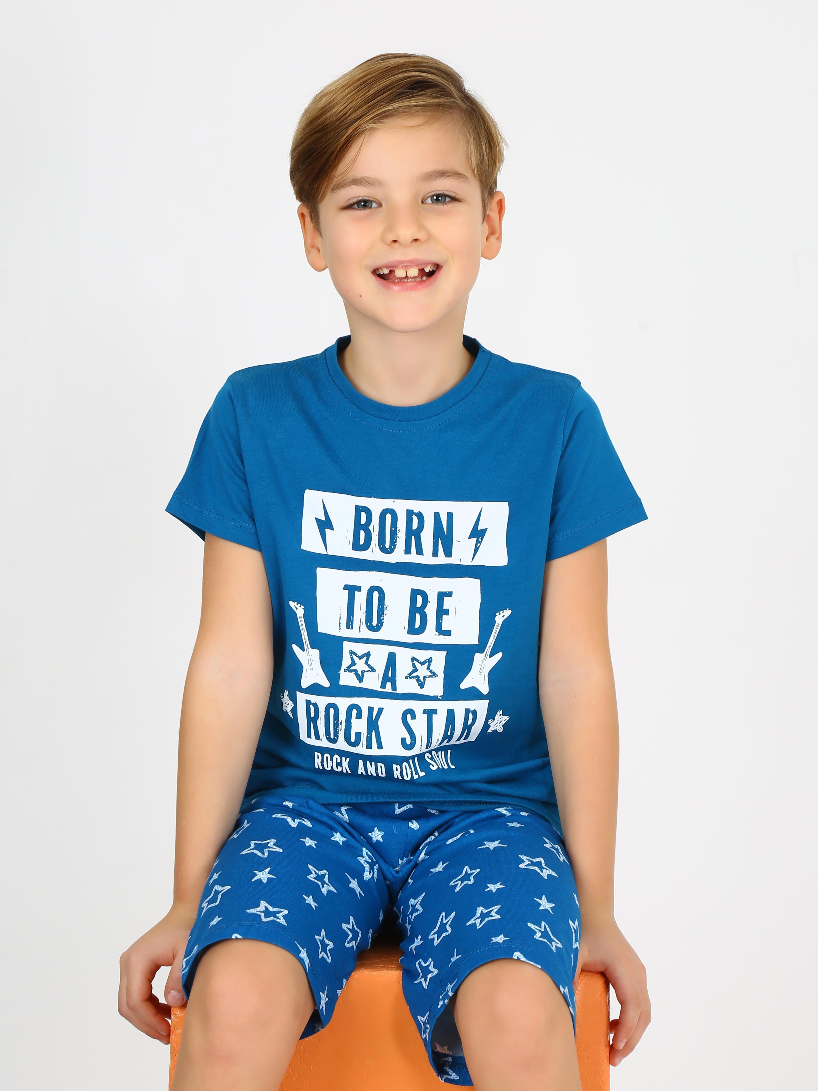 Erkek Çocuk Kısa Kollu Kapri %100 Pamuklu Rock Star Pijama Takımı İndigo